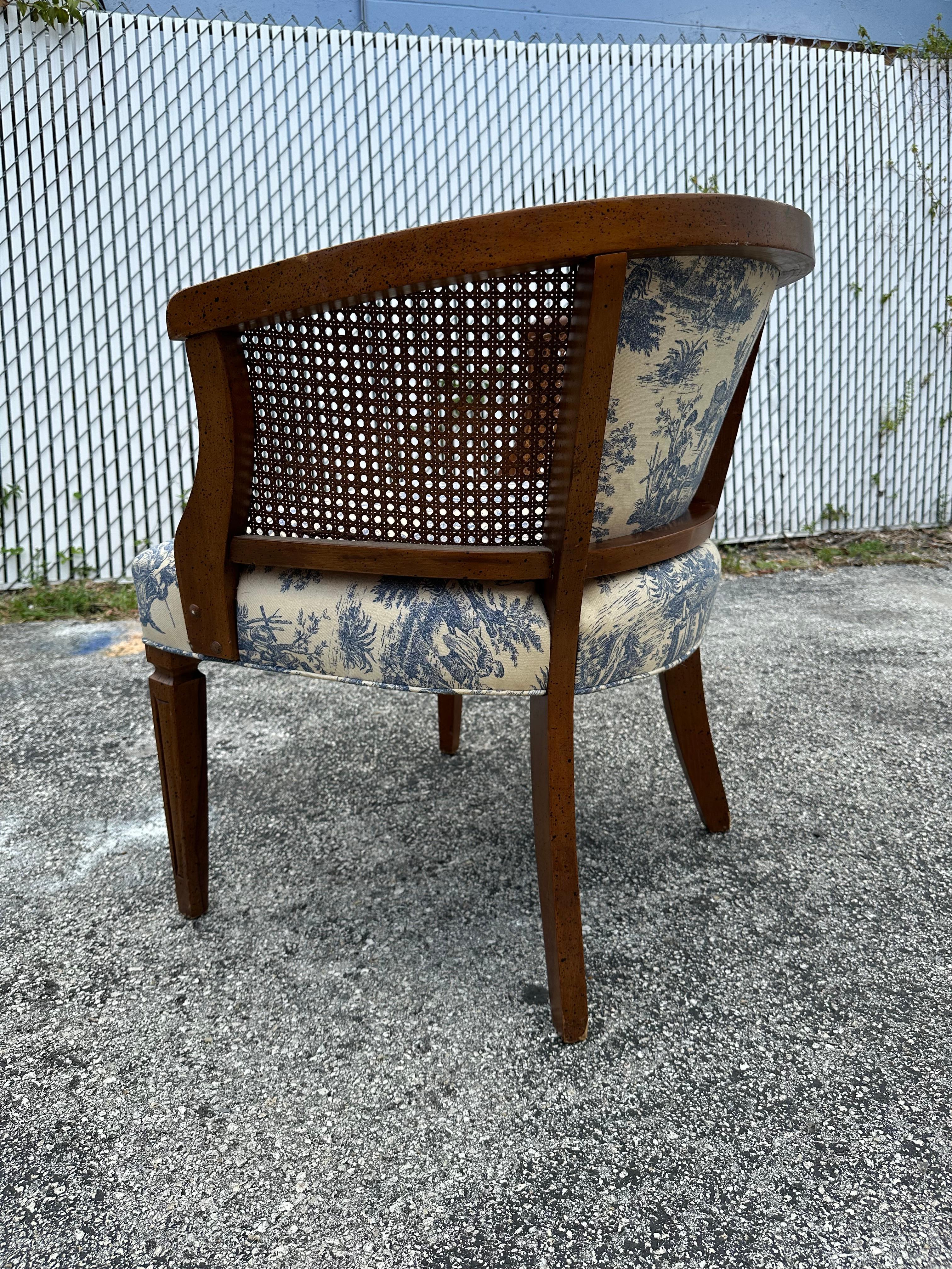 1940s French Toile Barrel Back Cane Blue White Chair For Sale 3