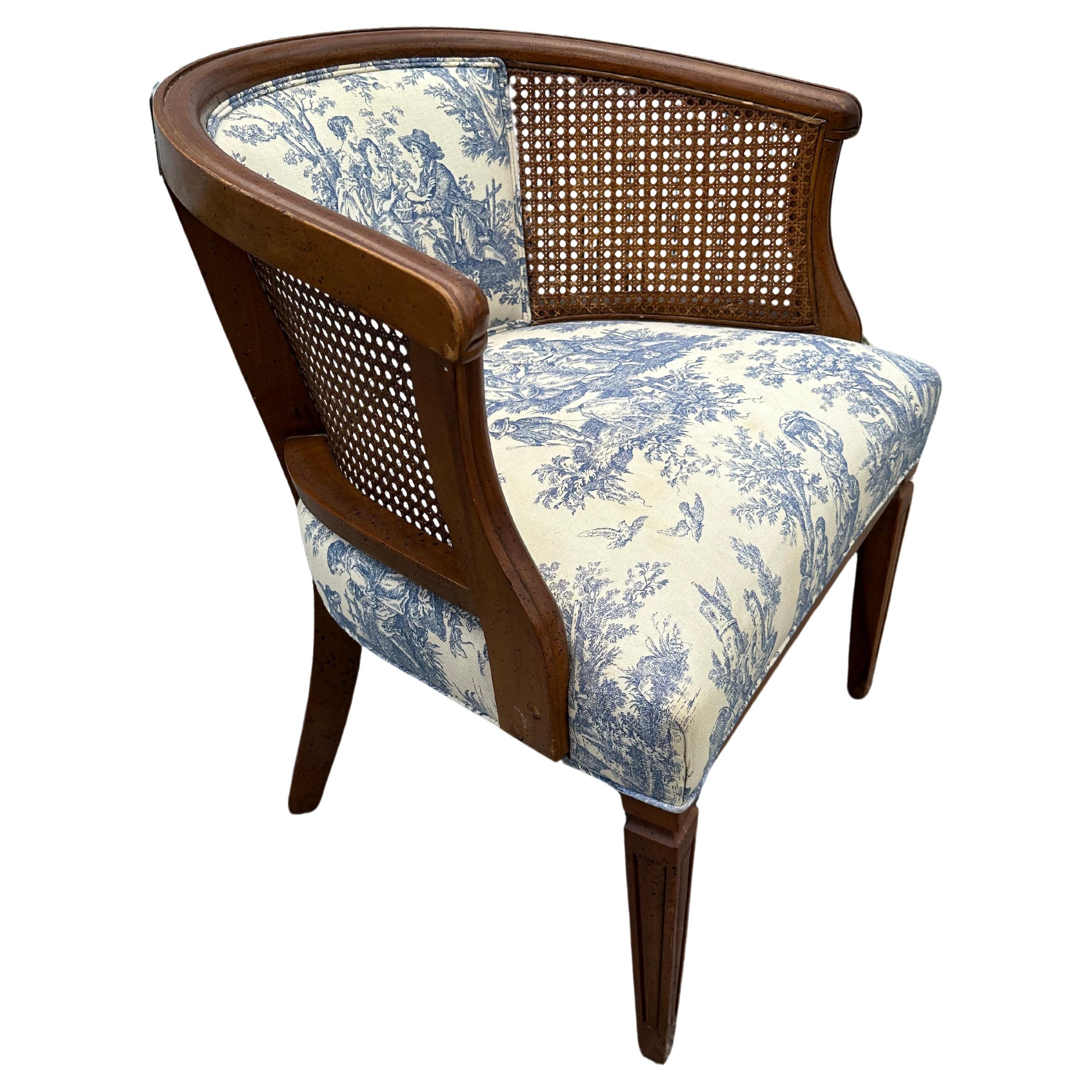 1940s French Toile Barrel Back Cane Blue White Chair
