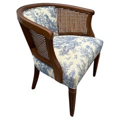 1940s French Toile Barrel Back Cane Blue White Chair