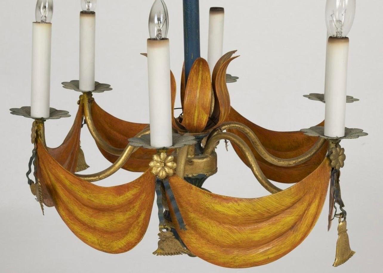 Rococo 1940s French Tole Draped Swag Chandelier For Sale