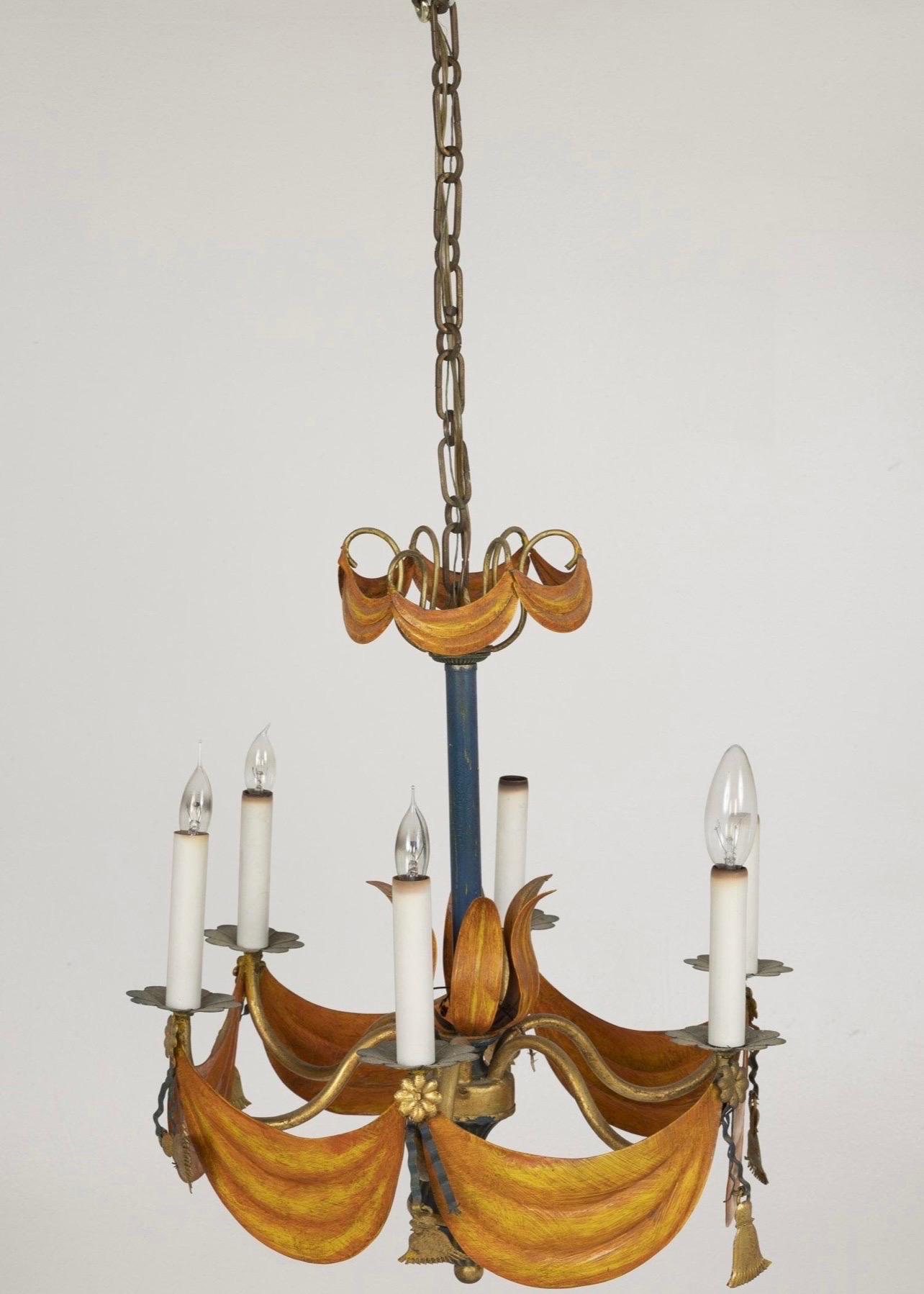 Metal 1940s French Tole Draped Swag Chandelier For Sale