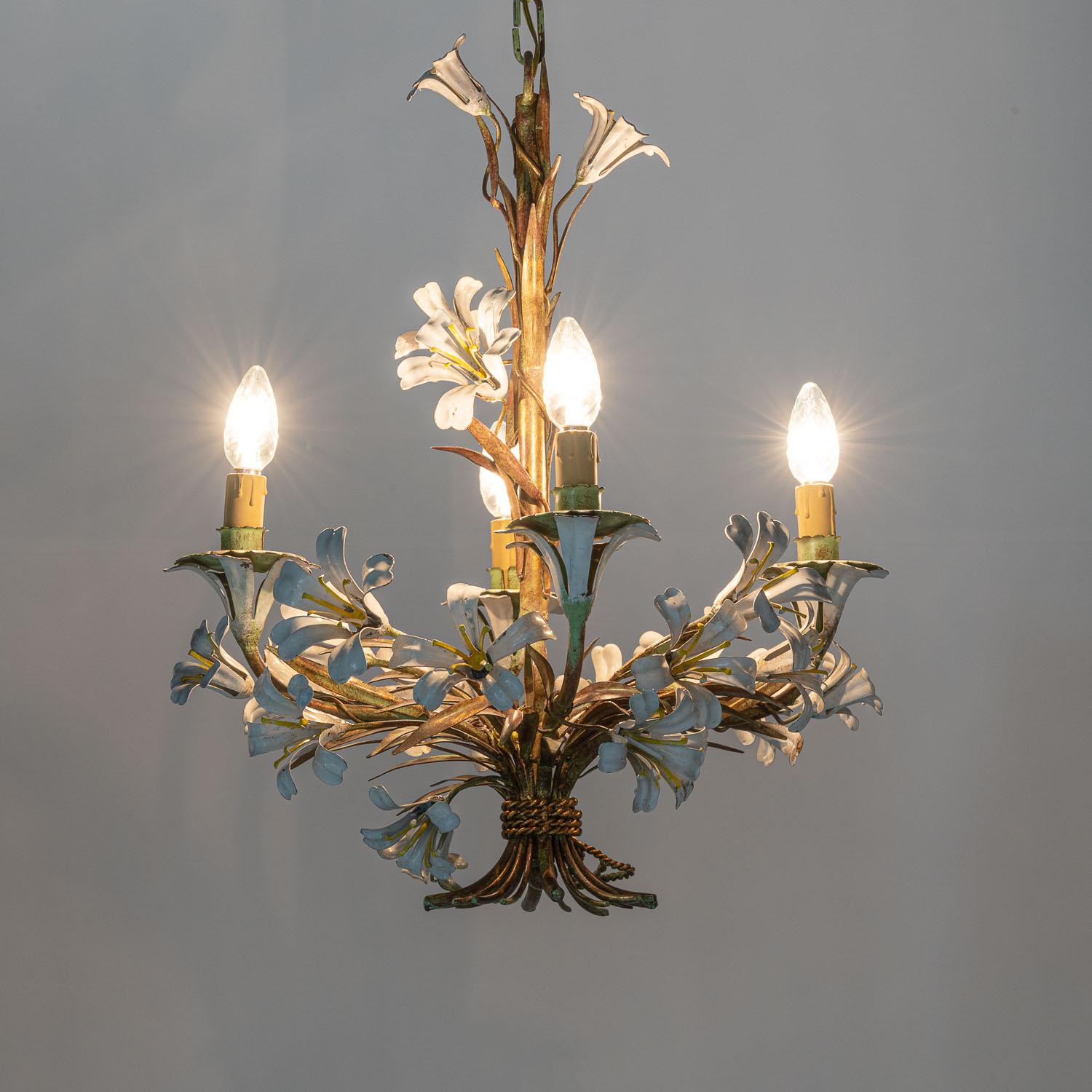 1940's French Tole Flower Chandelier For Sale 6