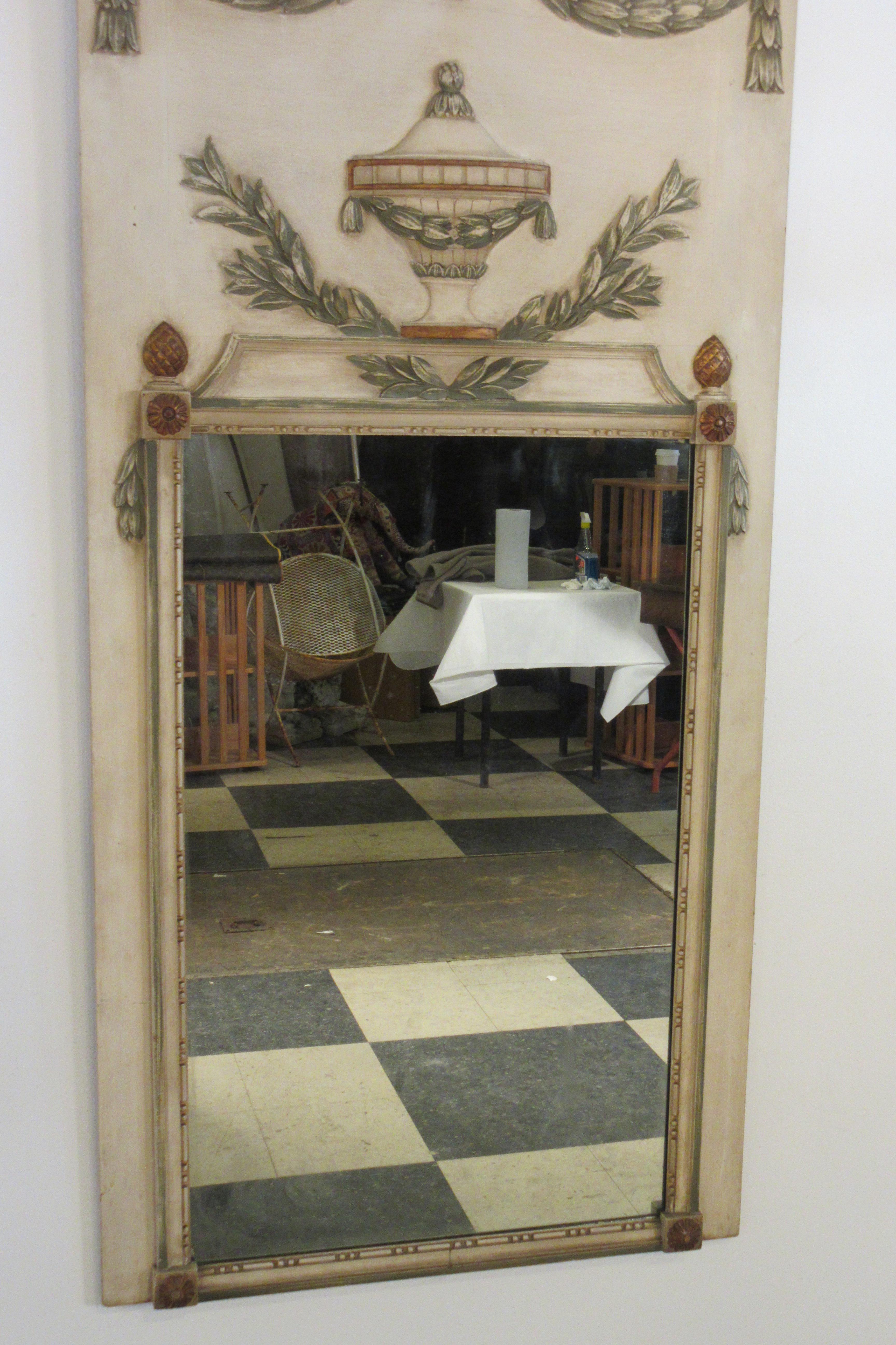 1940s French trumeau painted wood mirror from a Westchester, NY estate.