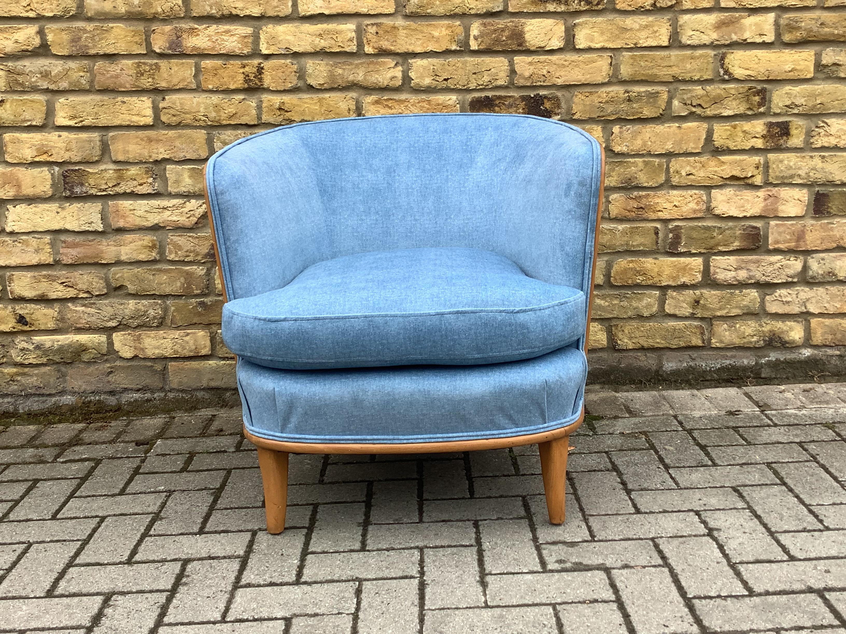 Reupholstered compacted armchair with marble frame and lovely detail superb baby blue colour 

with tapered legs.Cc1940’s French.