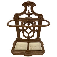 Retro 1940s French Umbrella Stand in Brown Enamel over Cast Iron with Two Catch Trays