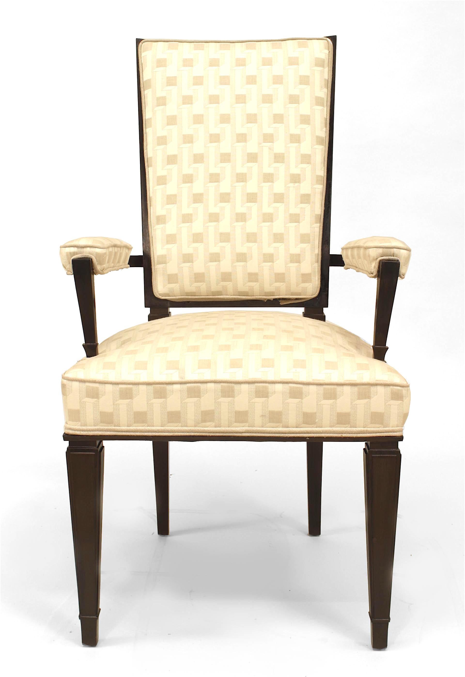 French 1940s ebonized high back open arm chair with geometric design upholstery (att: DOMINIQUE)
