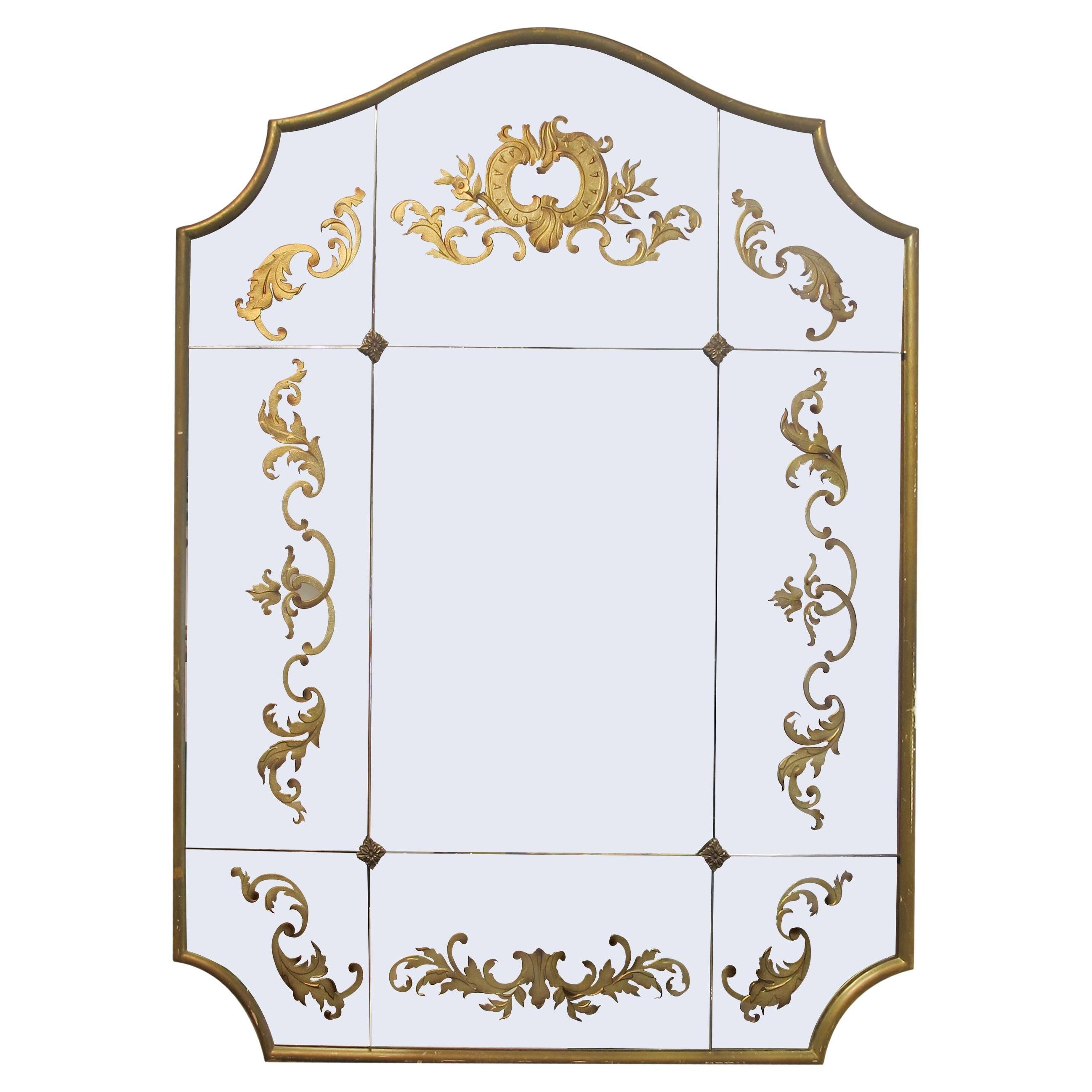 1940s French Wall Mirror with Eglomisé Gold Leaf Design 