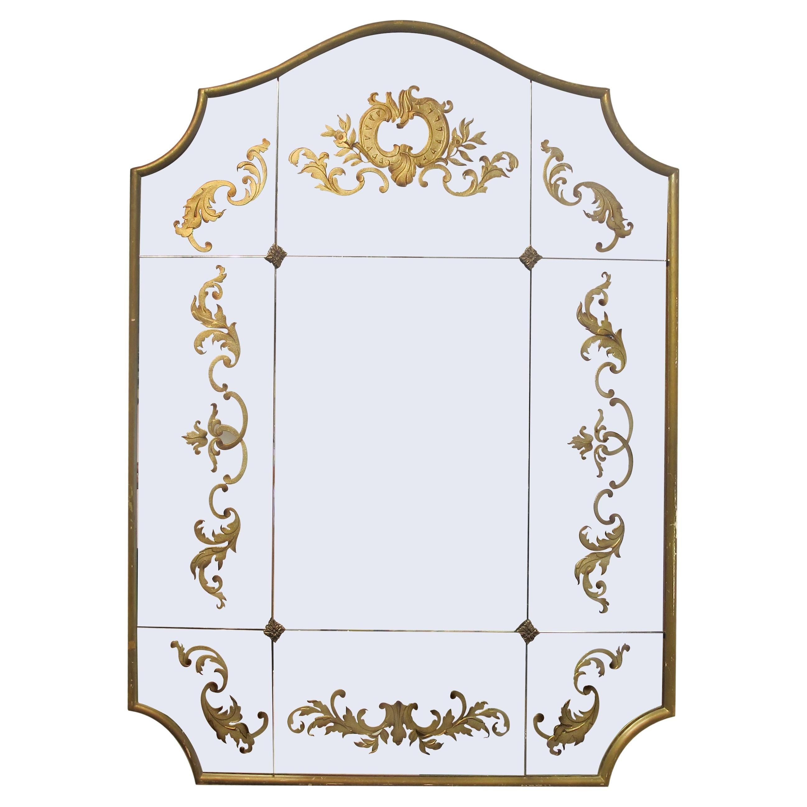 1940s French Wall Mirror with Eglomisé Gold Leaf Design