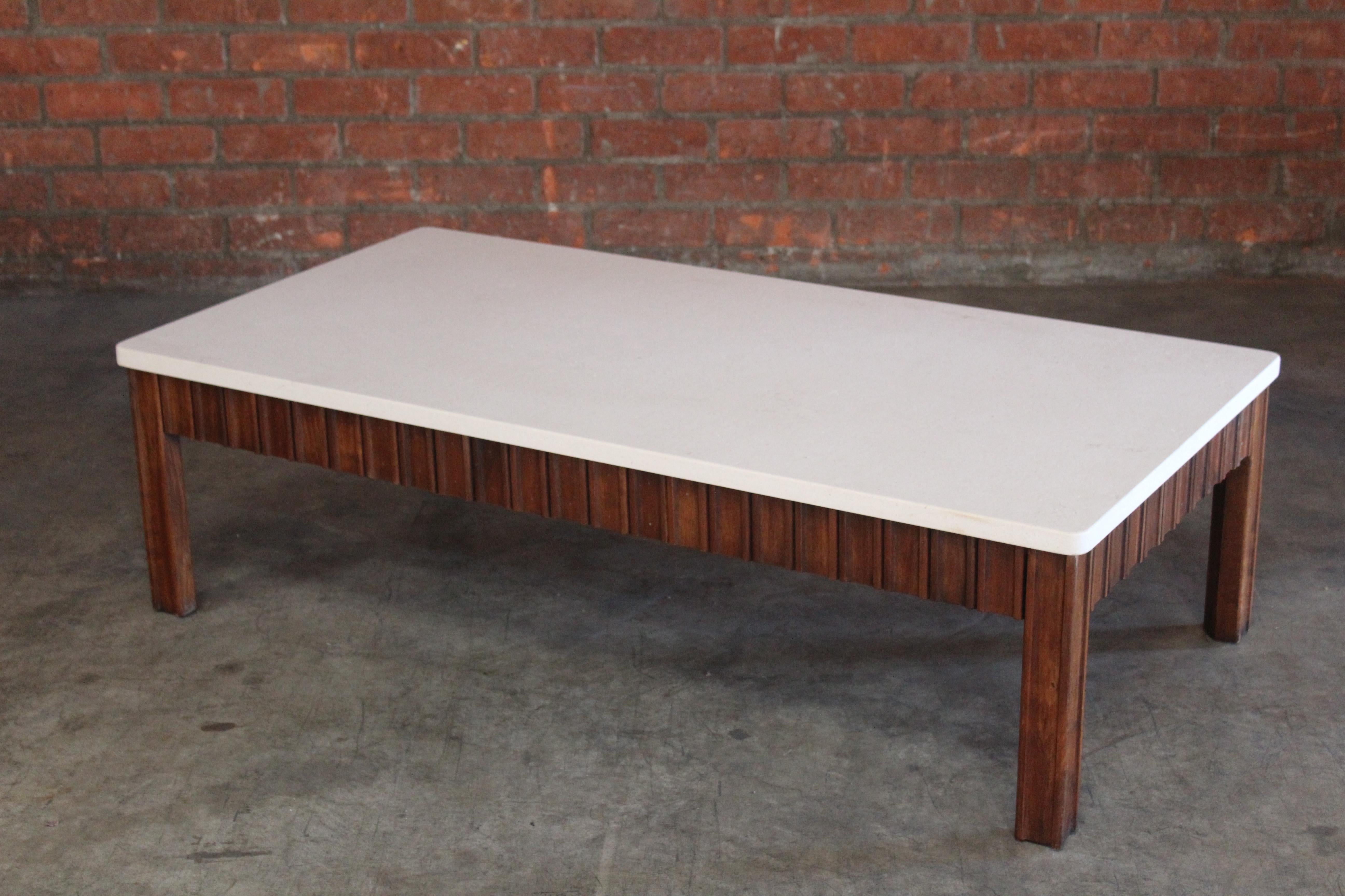 1940s French Walnut Coffee Table with Limestone Top In Good Condition In Los Angeles, CA