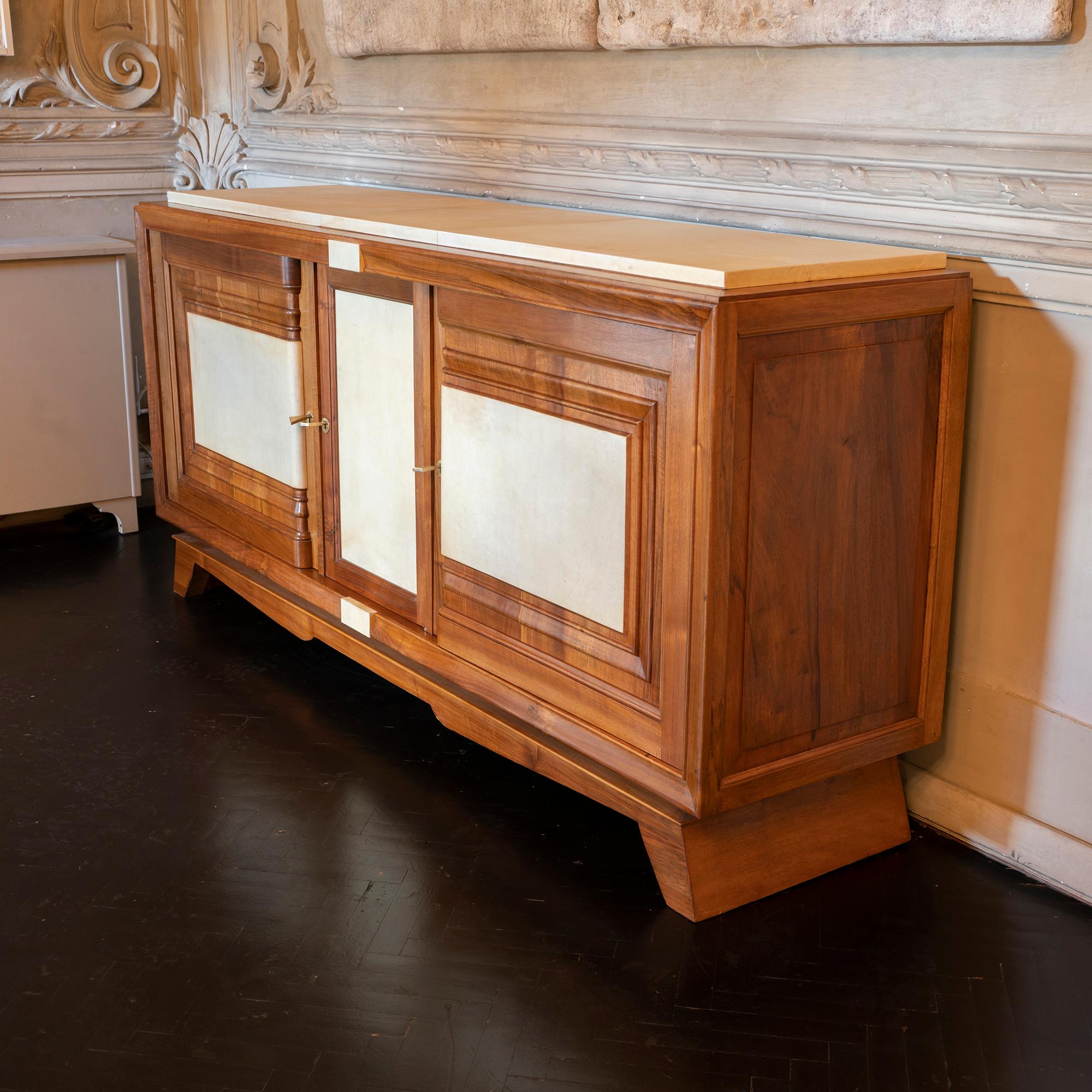 1940s French Walnut Sideboard with Natural Parchment, Brass Details 5
