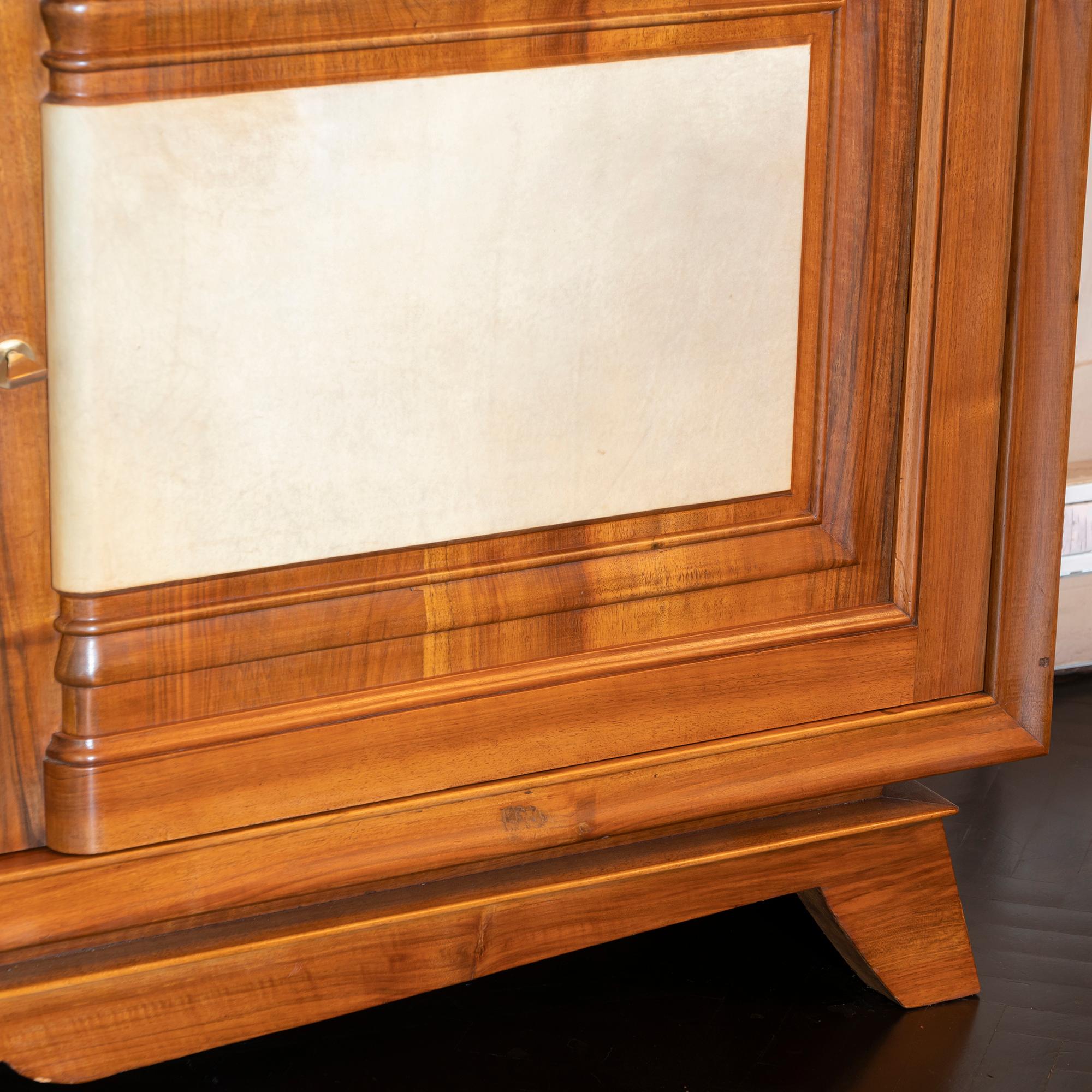 1940s French Walnut Sideboard with Natural Parchment, Brass Details 1