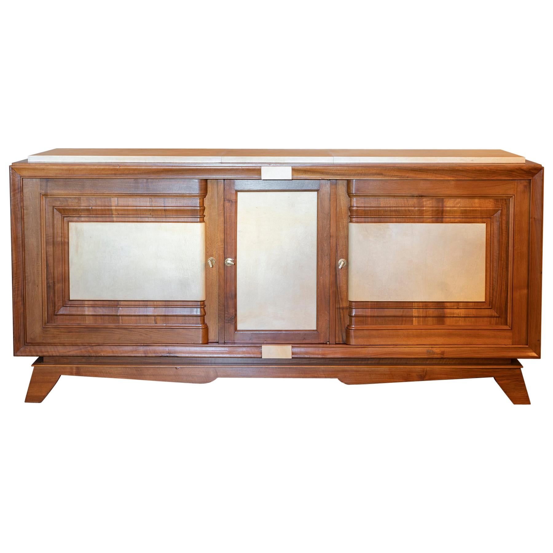1940s French Walnut Sideboard with Natural Parchment, Brass Details