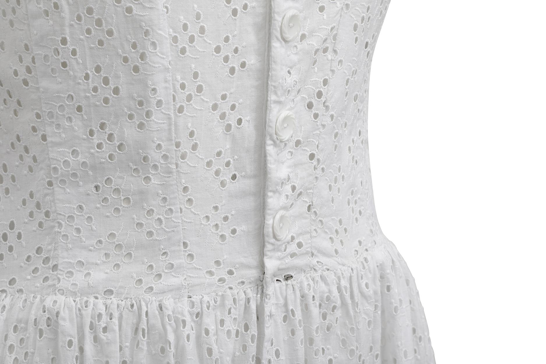 Gray 1940s French White Cotton Dress With Eyelet Work