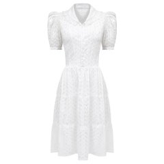 1940s French White Cotton Dress With Eyelet Work
