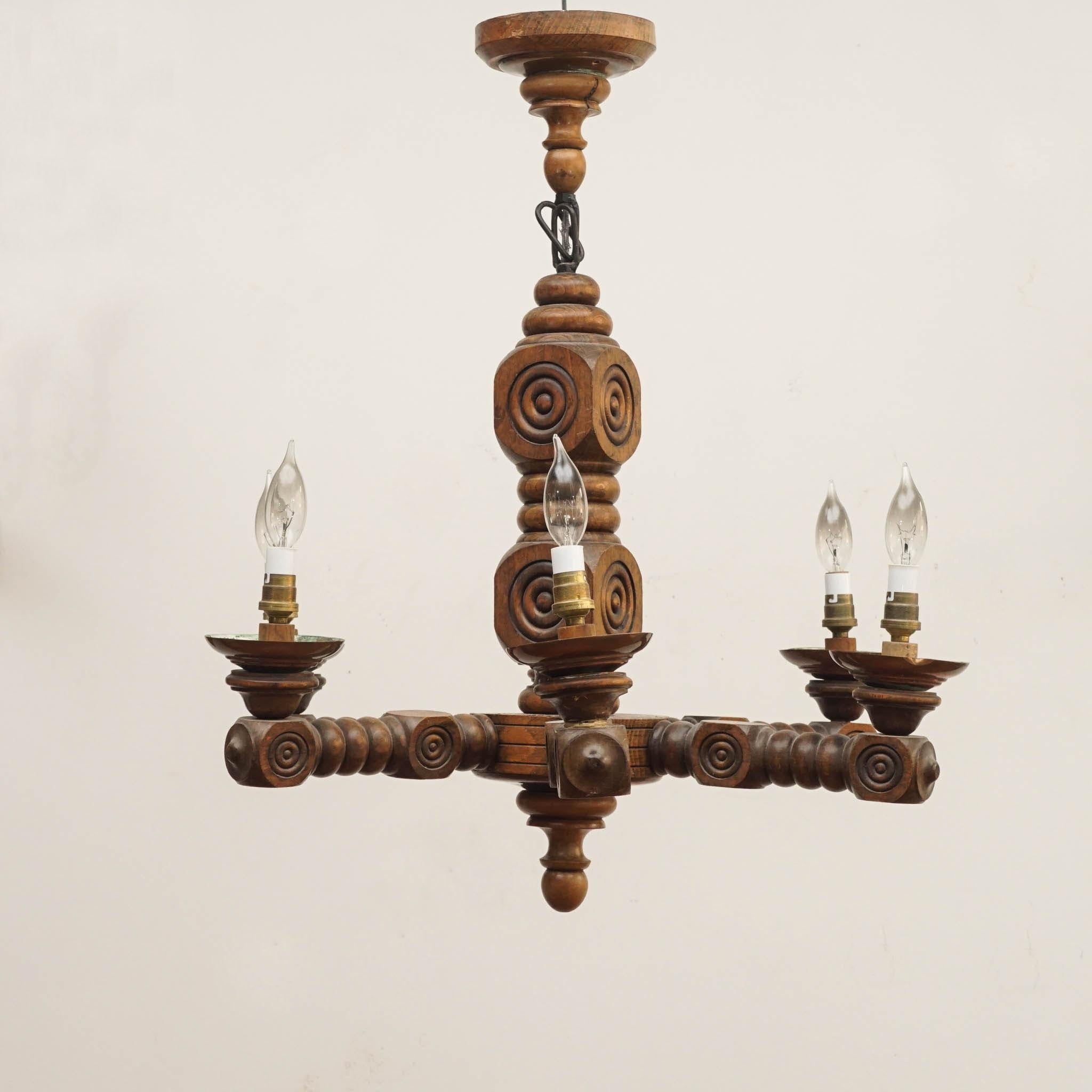 Art Deco 1940's French Wood Chandelier Wired for US For Sale