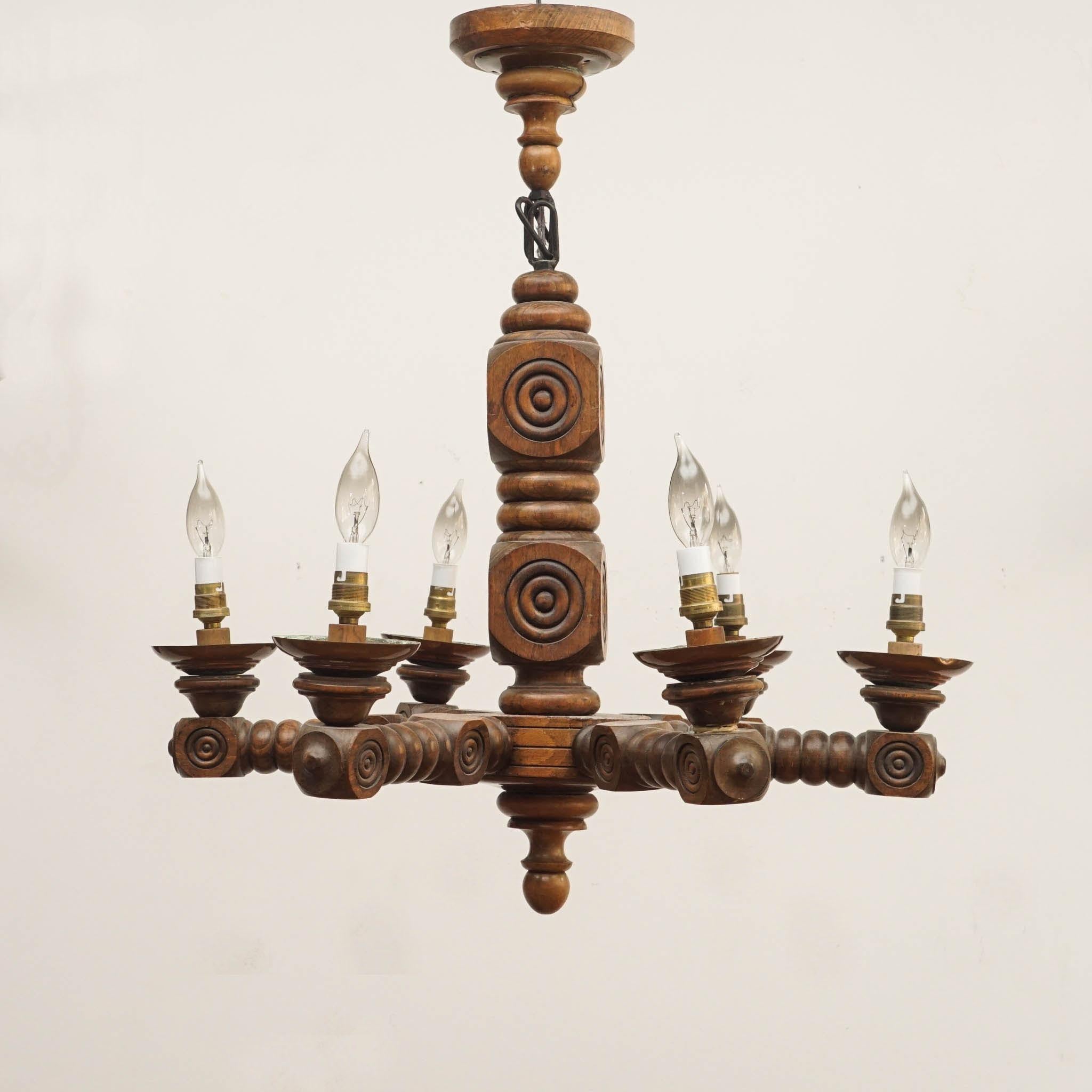 Machine-Made 1940's French Wood Chandelier Wired for US For Sale