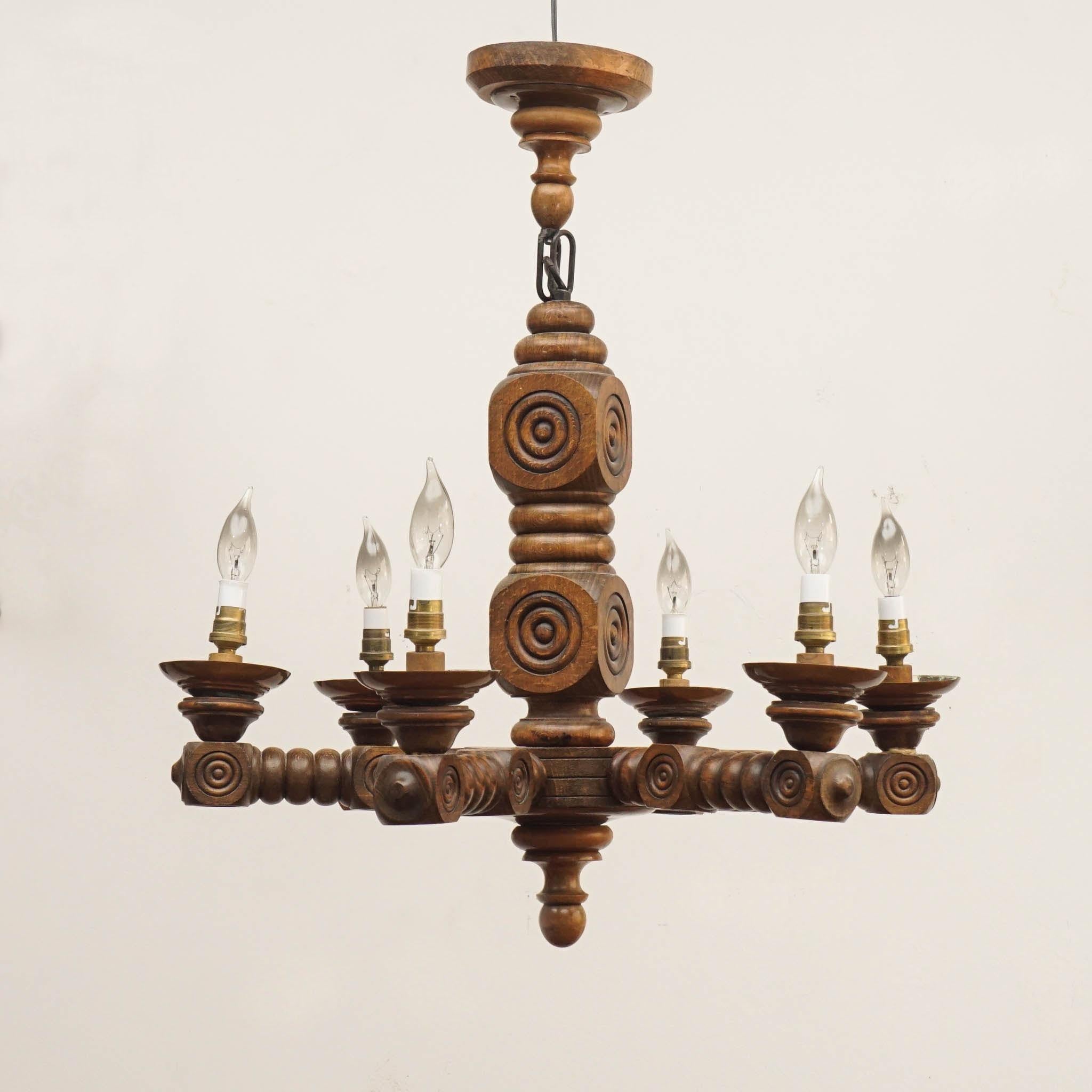 1940's French Wood Chandelier Wired for US In Good Condition For Sale In Hudson, NY