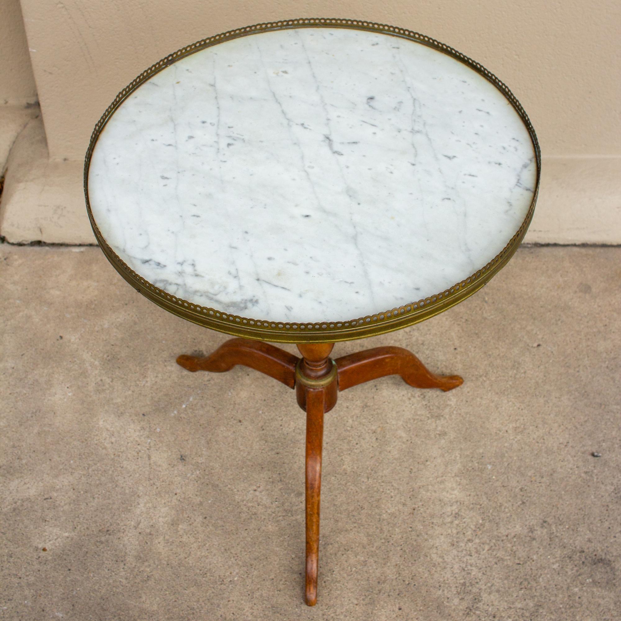 Mid-20th Century 1940s French Wood and Marble Side Table with Gallery Edge