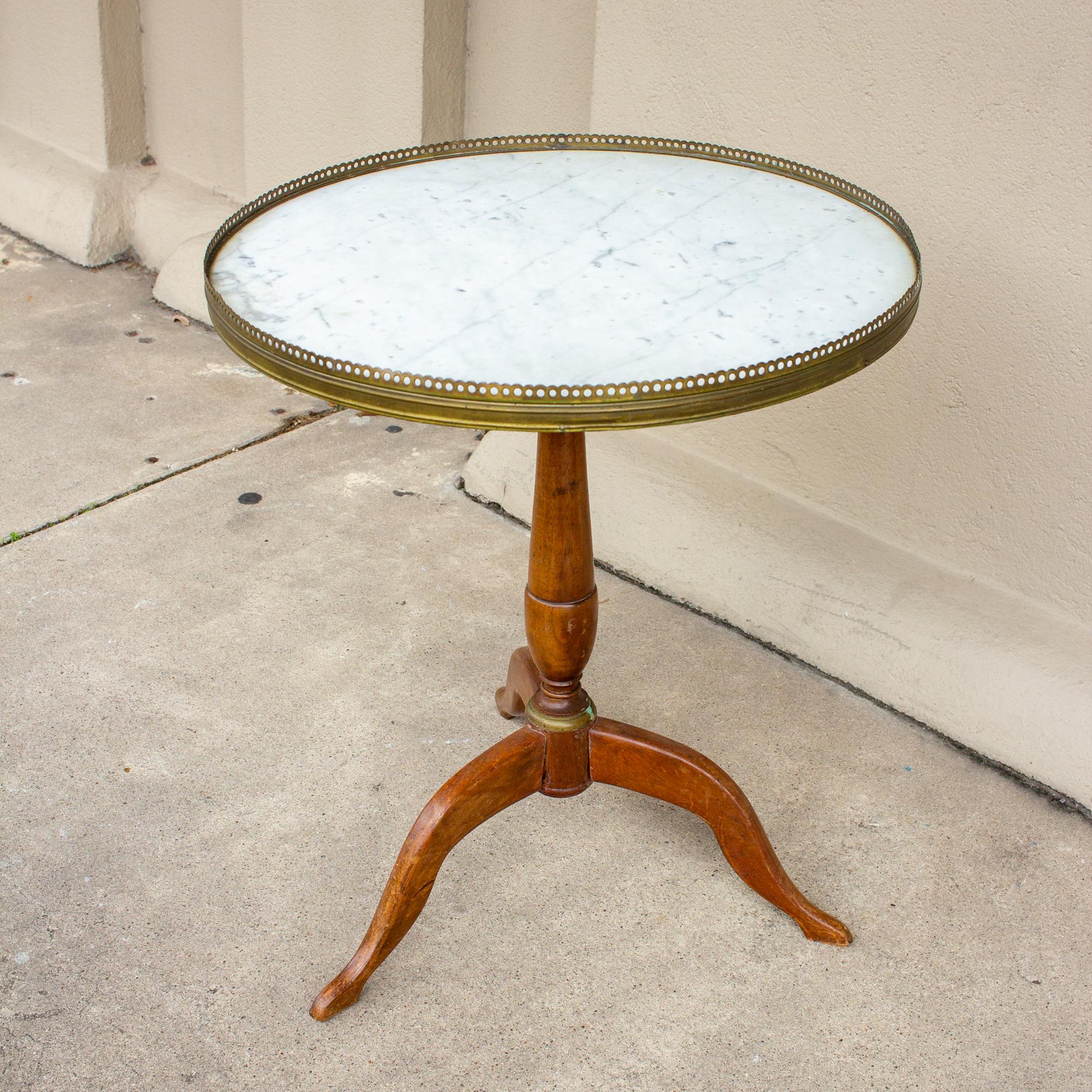 1940s French Wood and Marble Side Table with Gallery Edge 1