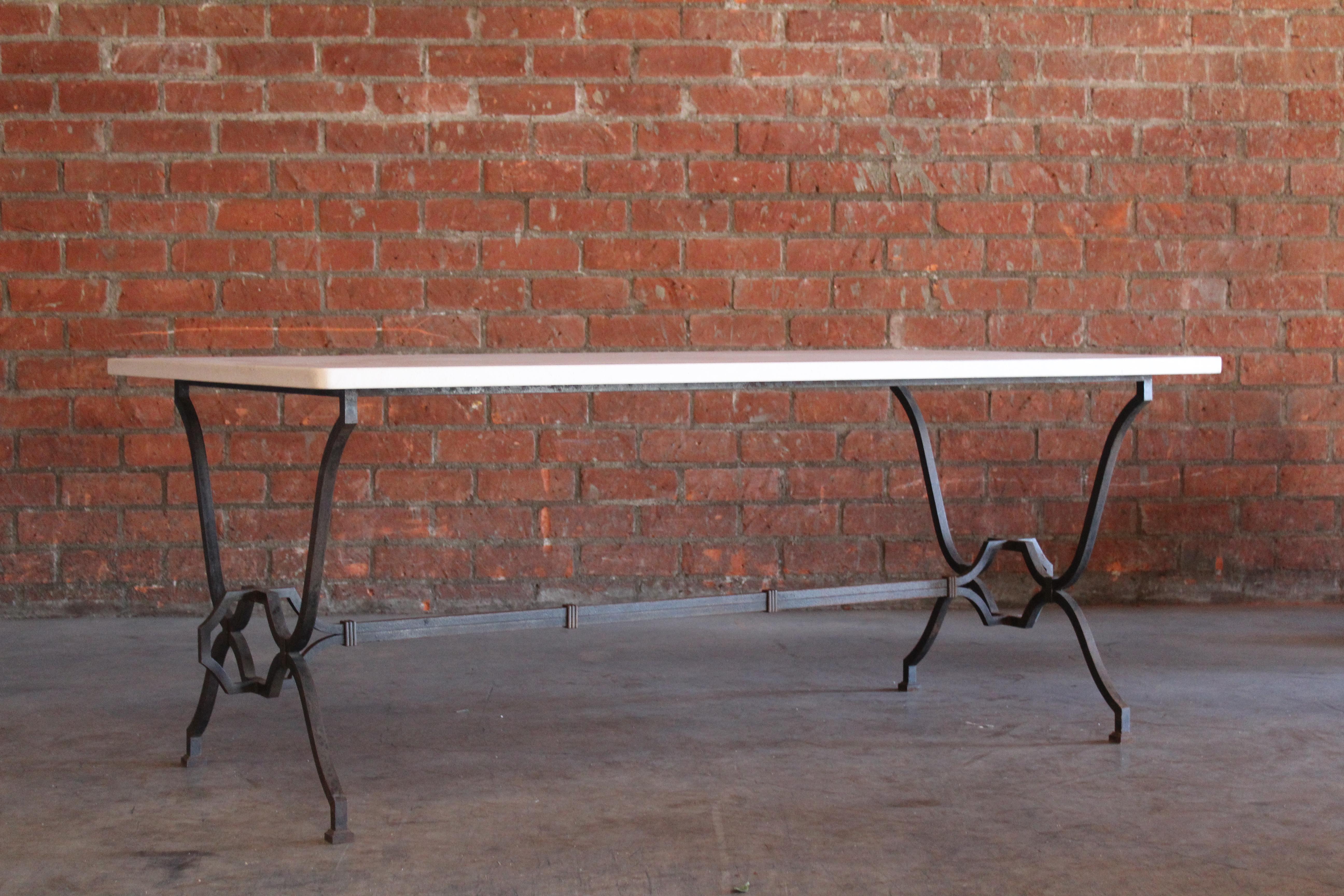 Art Deco 1940s French Wrought Iron and Limestone Table by Colette Gueden for René Prou For Sale