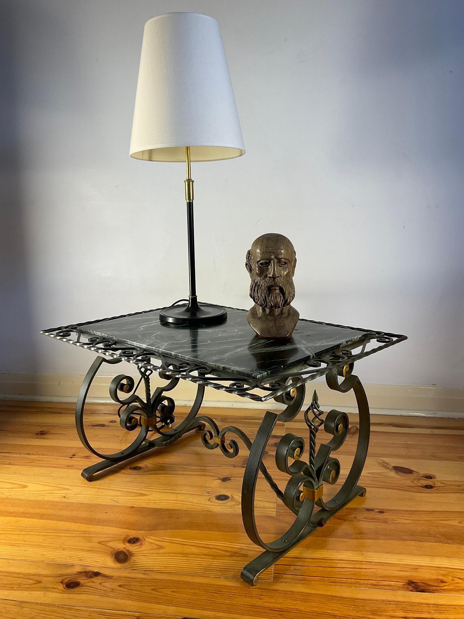 1940s French Wrought Iron Coffee Table with Green Marble Top For Sale 4