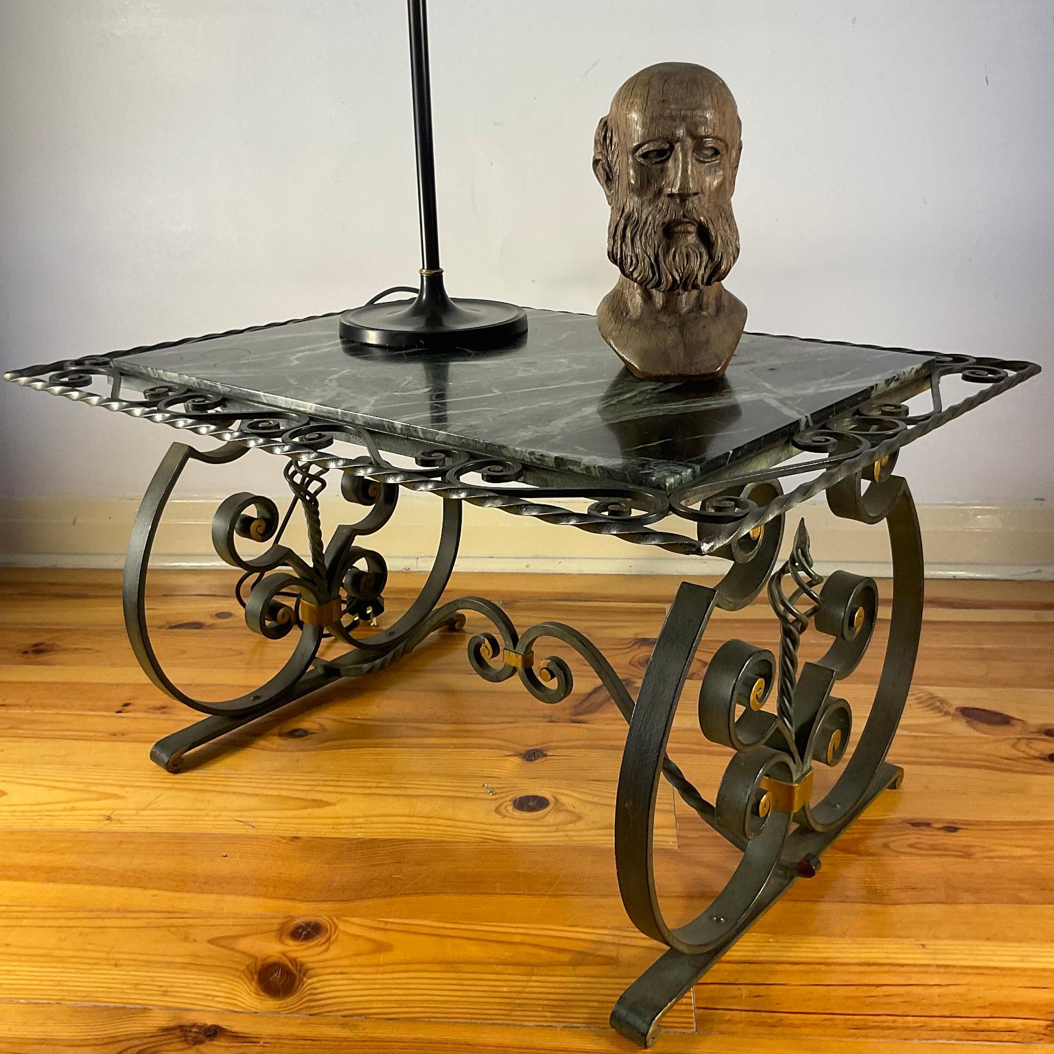 1940s French Wrought Iron Coffee Table with Green Marble Top For Sale 5