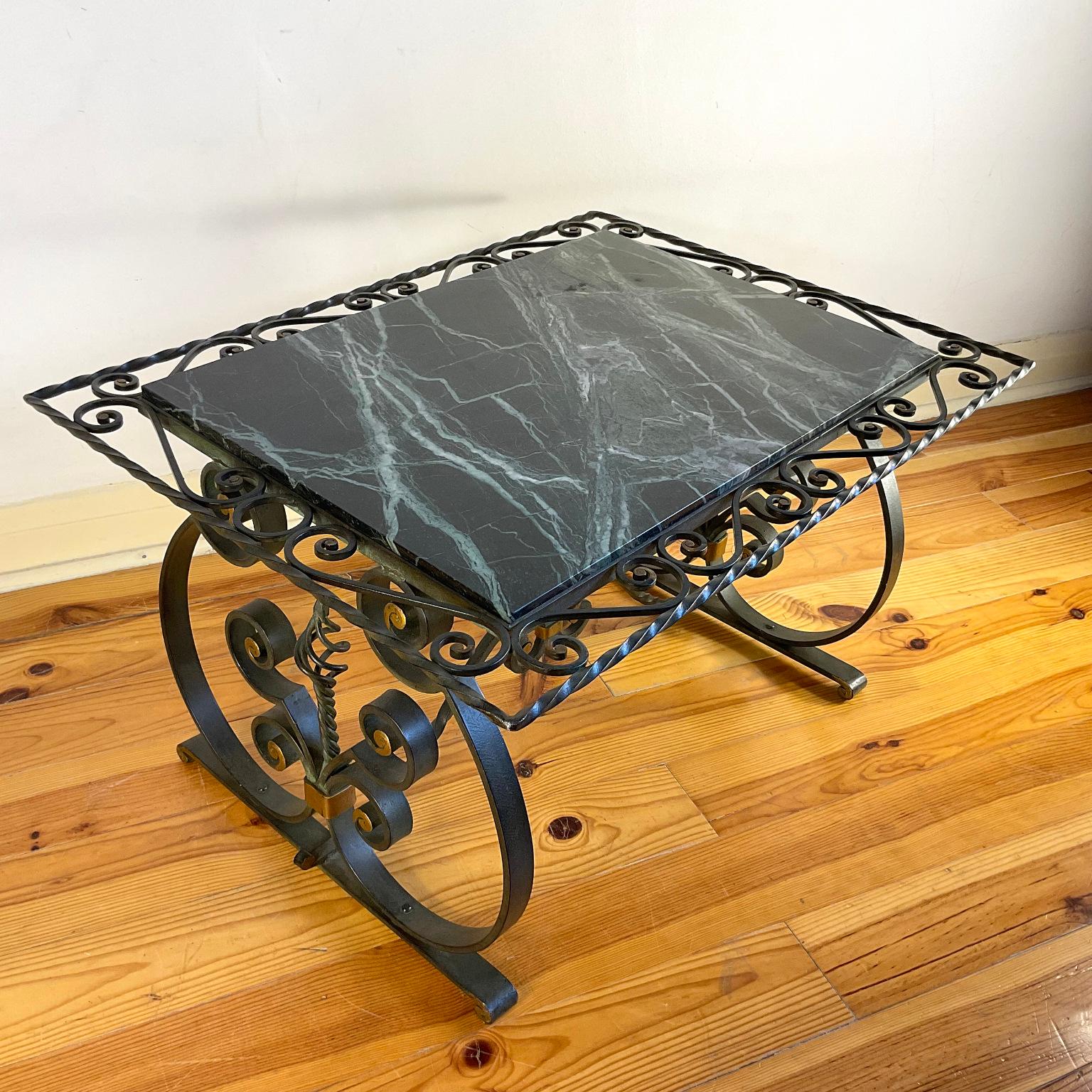 1940s French Wrought Iron Coffee Table with Green Marble Top For Sale 6