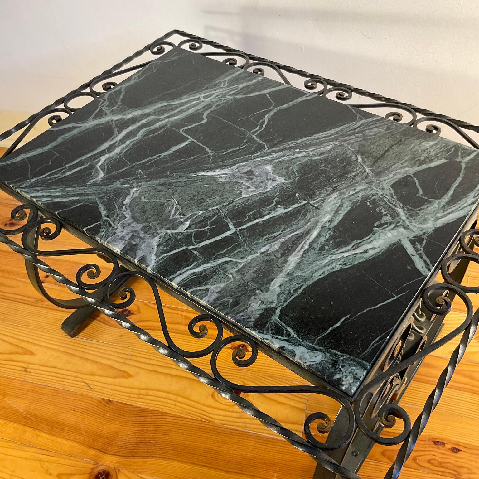 Art Deco 1940s French Wrought Iron Coffee Table with Green Marble Top For Sale