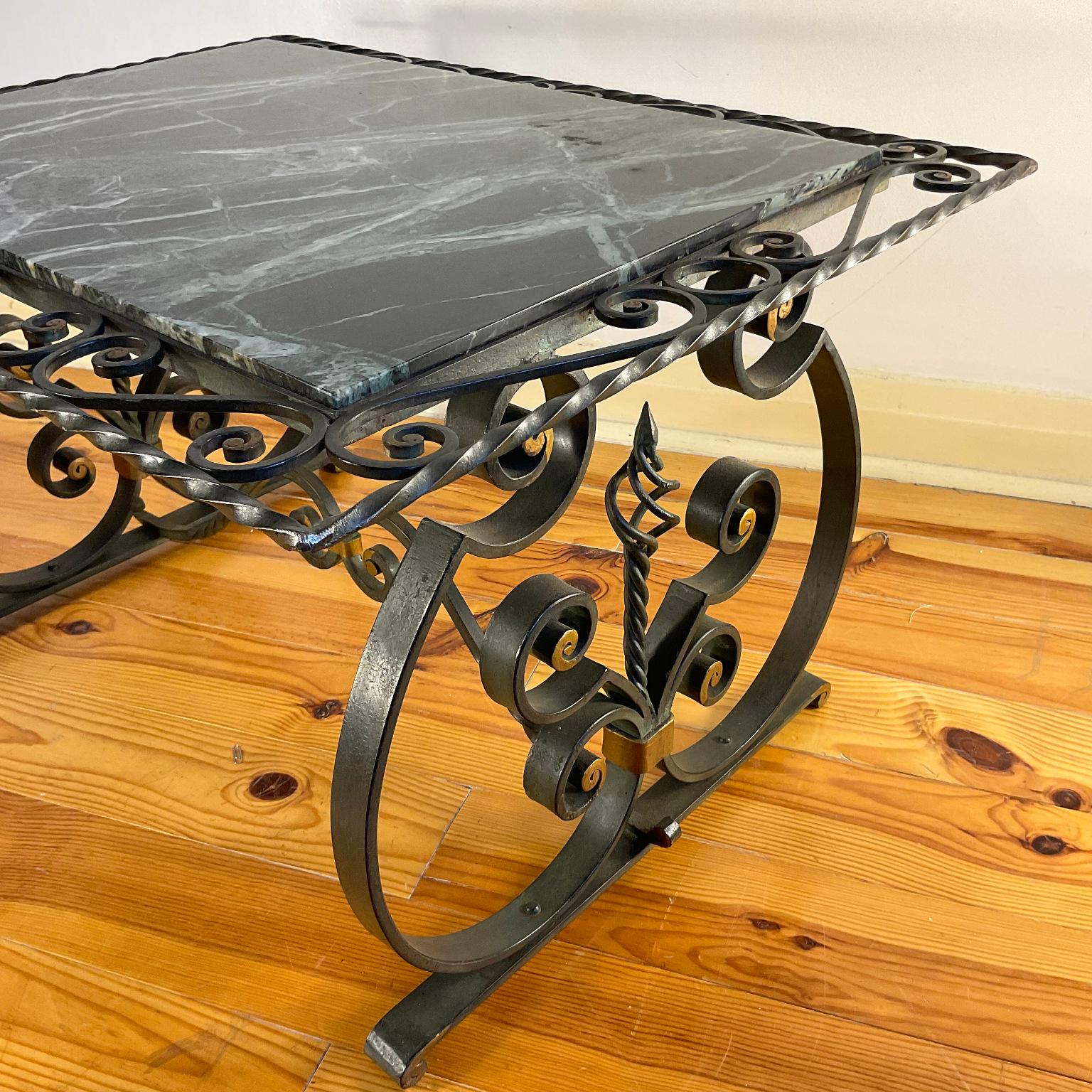 Metalwork 1940s French Wrought Iron Coffee Table with Green Marble Top For Sale