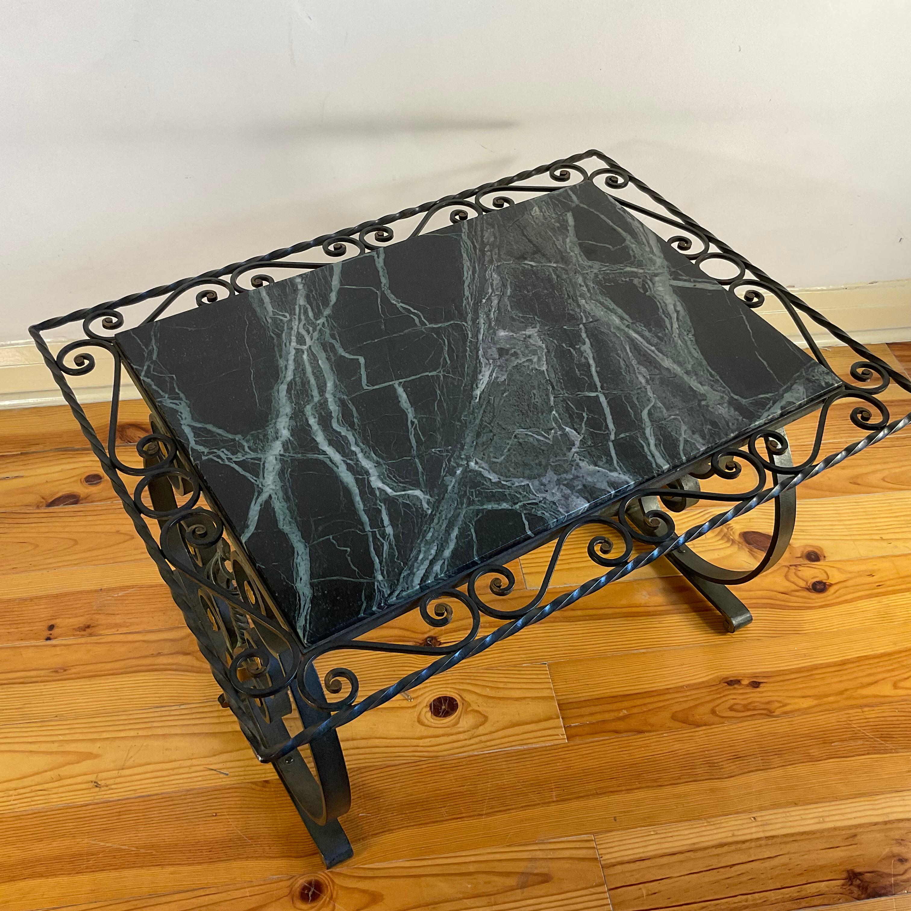 Mid-20th Century 1940s French Wrought Iron Coffee Table with Green Marble Top For Sale