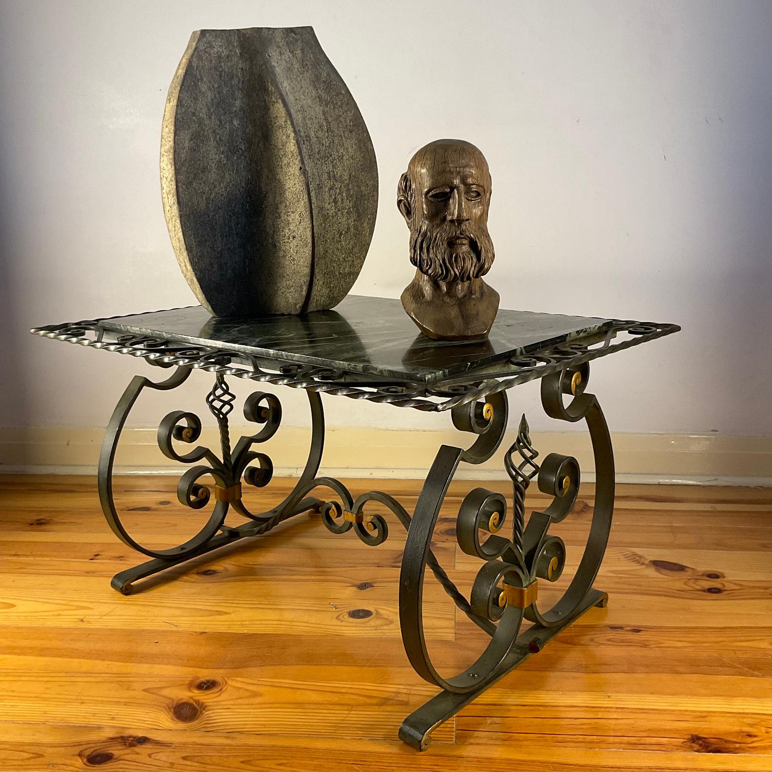 1940s French Wrought Iron Coffee Table with Green Marble Top For Sale 1