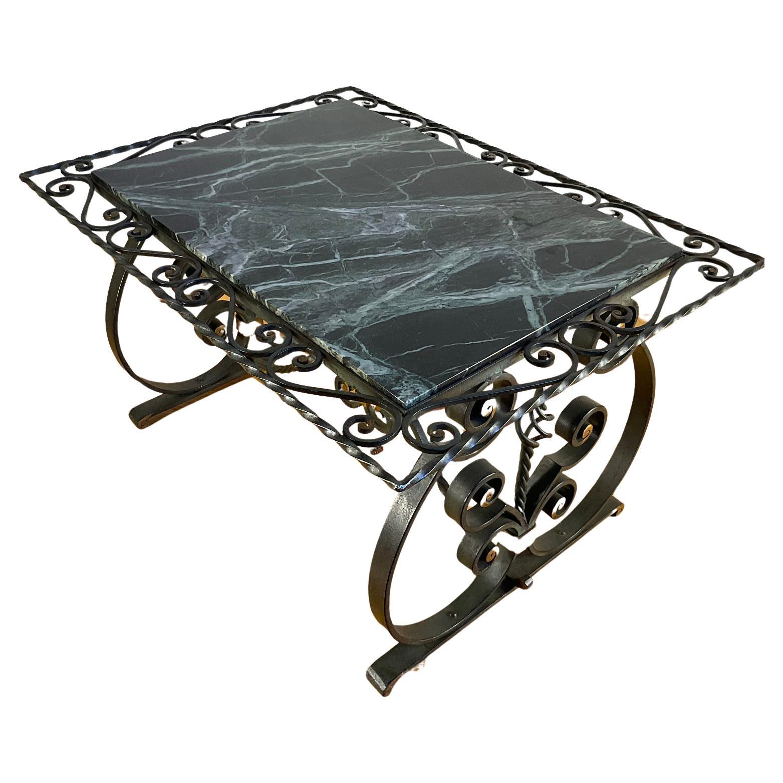 1940s French Wrought Iron Coffee Table with Green Marble Top For Sale