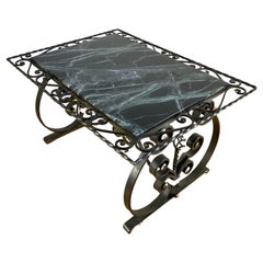 Vintage 1940s French Wrought Iron Coffee Table with Green Marble Top