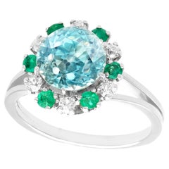 Vintage 1940s French Zircon Diamond Emerald and White Gold Cocktail Ring