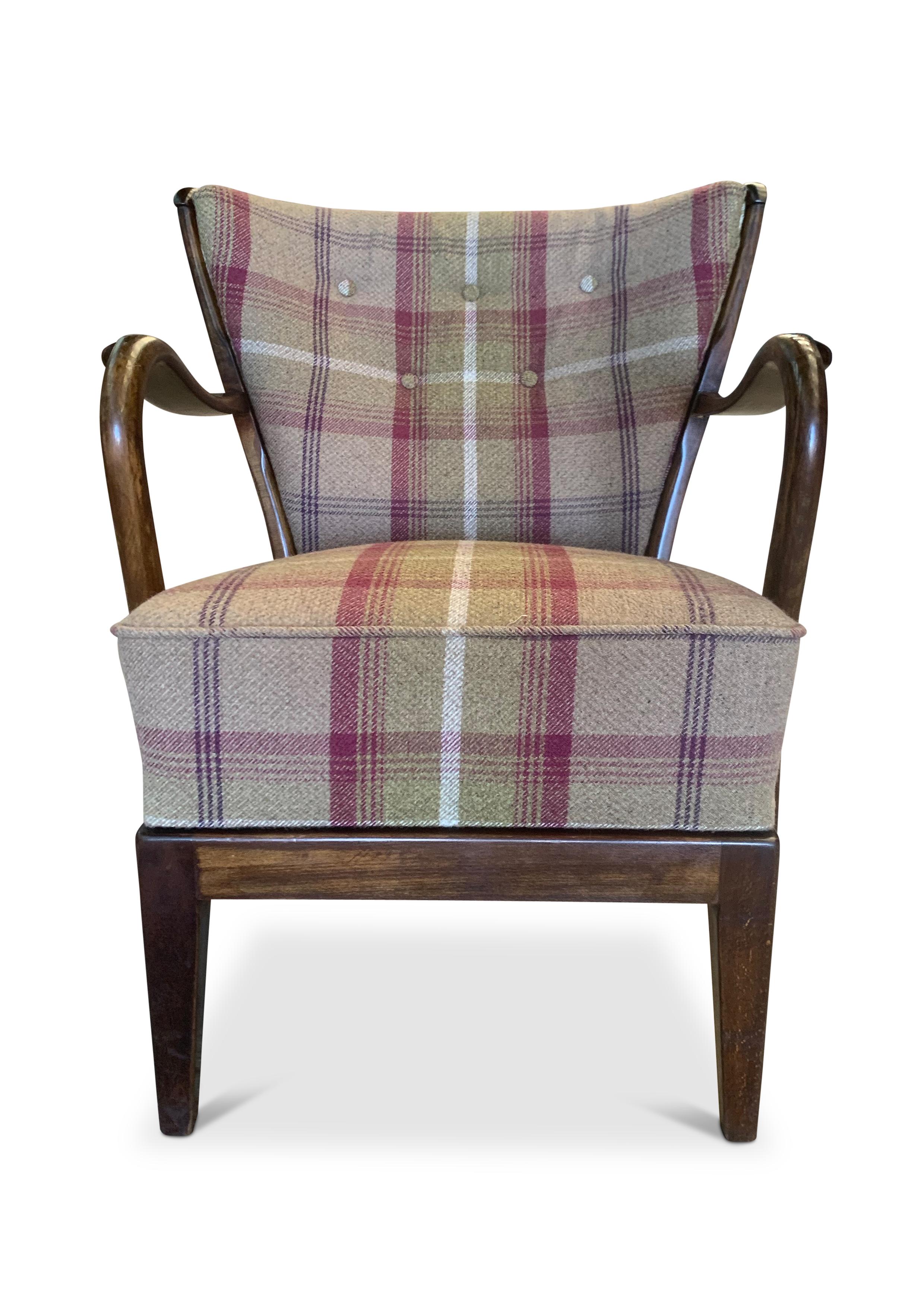 1940's Fritz Hansen Art Deco Oak Bentwood Armchair with Wool Plaid Upholstery 
Made in Denmark, No makers marks

Fritz Hansen, also known as Republic of Fritz Hansen, is a Danish furniture design company. Designers who have worked for Fritz Hansen