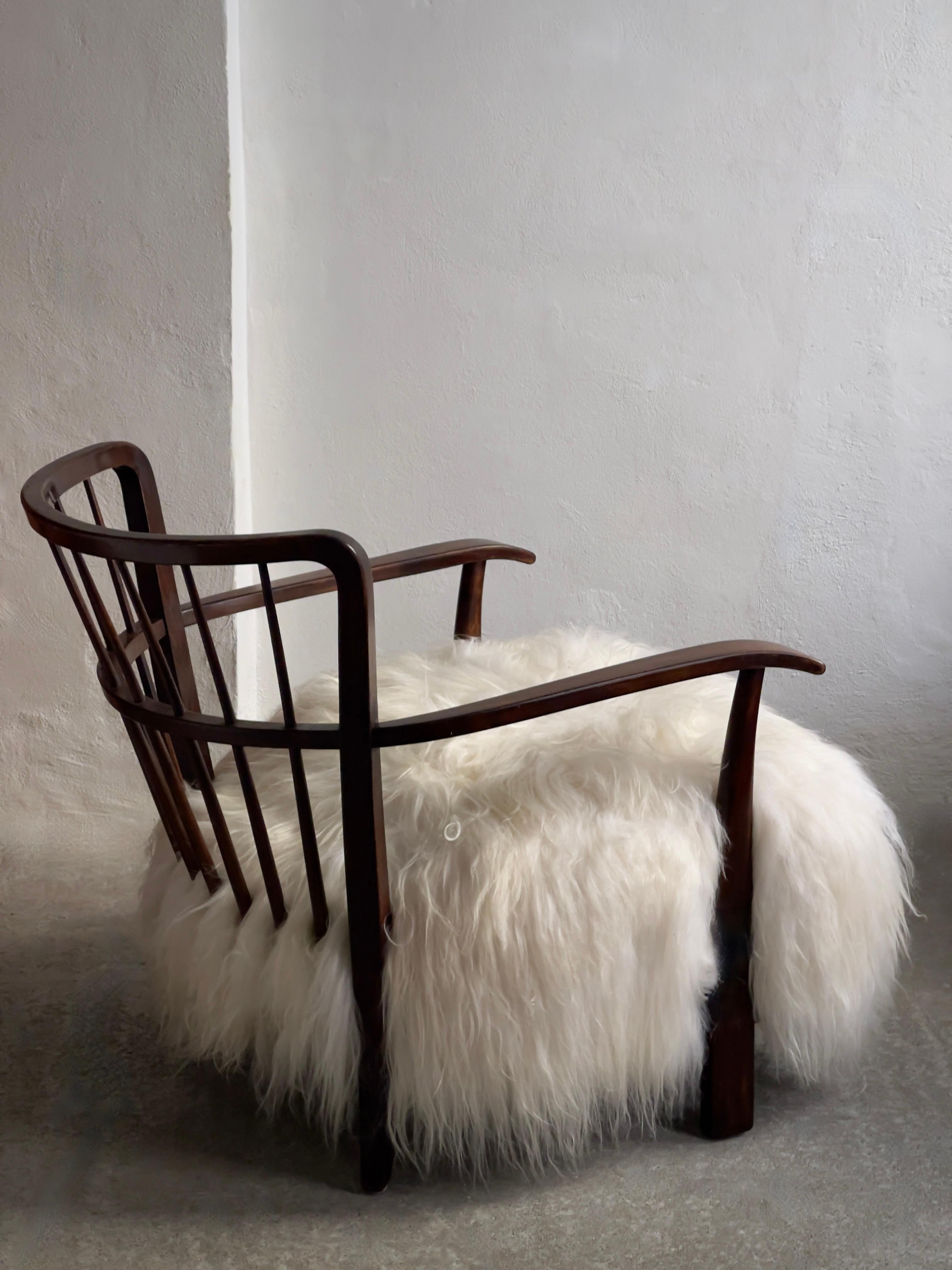 1940s Fritz Hansen Easy Chair Reupholstered in long haired Icelandic Sheepskin. For Sale 1