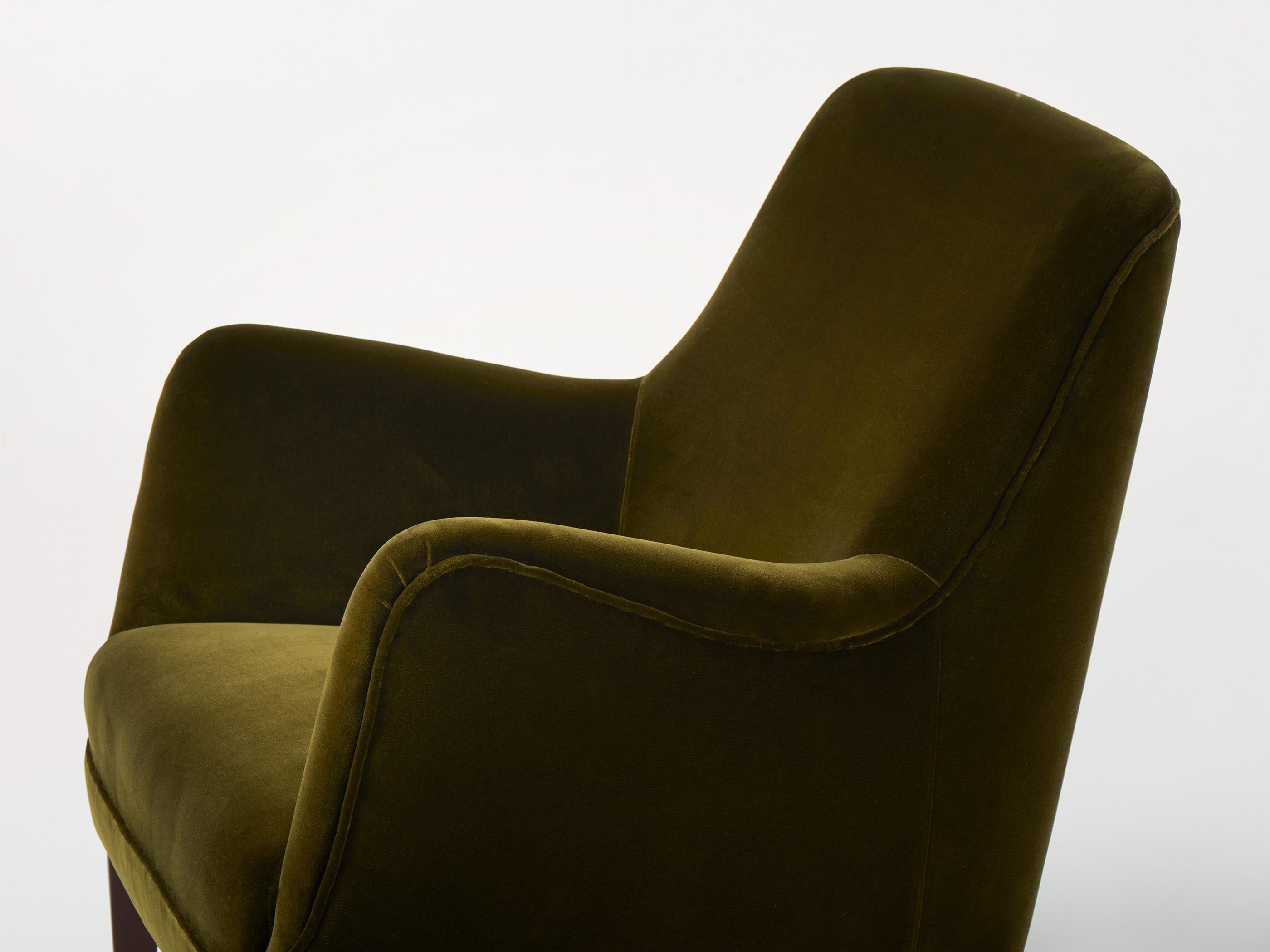 Bouclé 1940s Fritz Hansen Lounge Chair in Moss Green Velvet Fabric