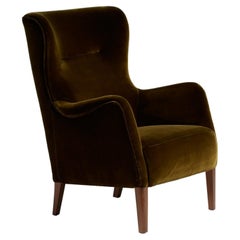 Vintage 1940s Fritz Hansen Lounge Chair in Velvet Fabric