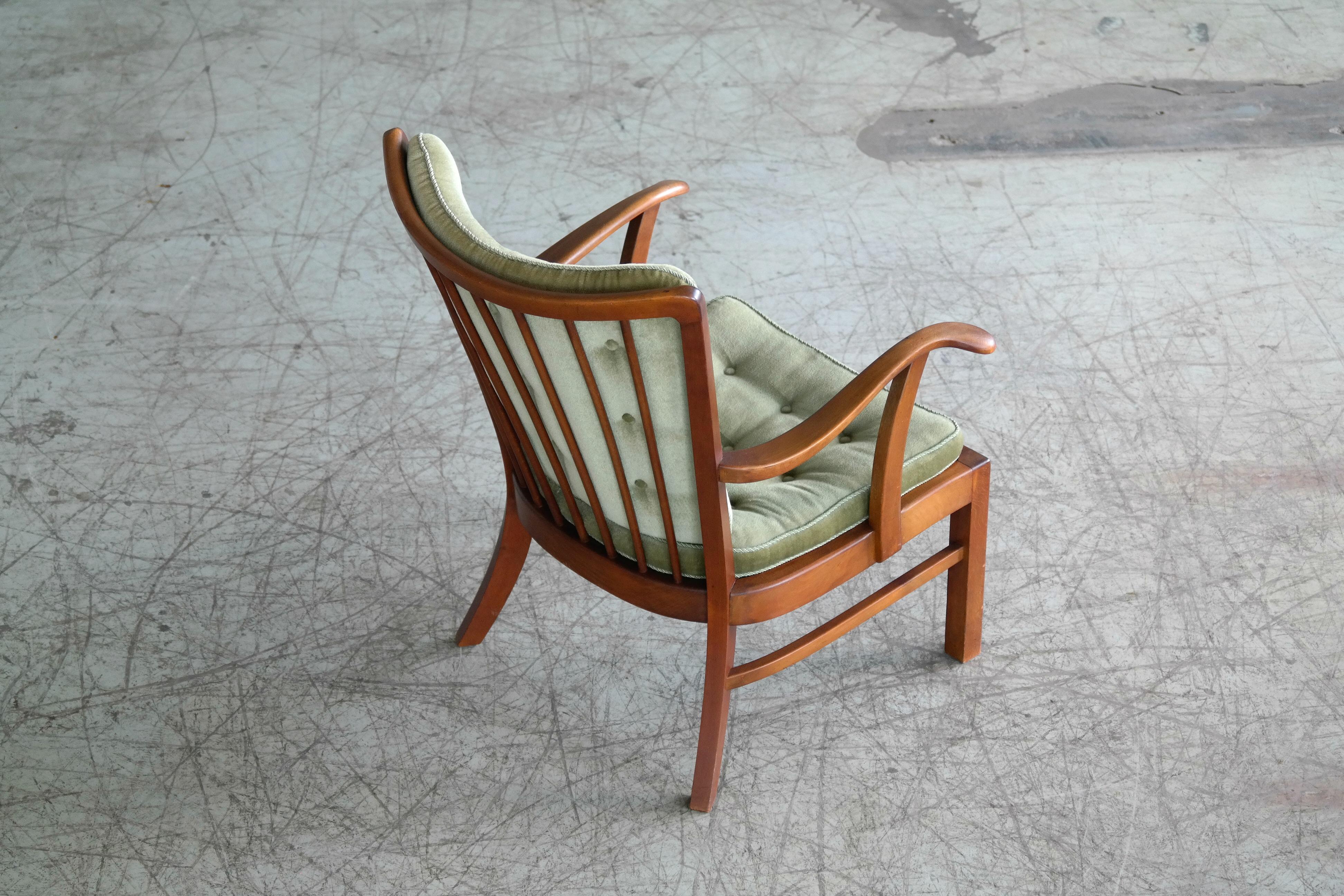 1940s Fritz Hansen Spindle Back Open Armrest Lounge Chair Model 1628 1