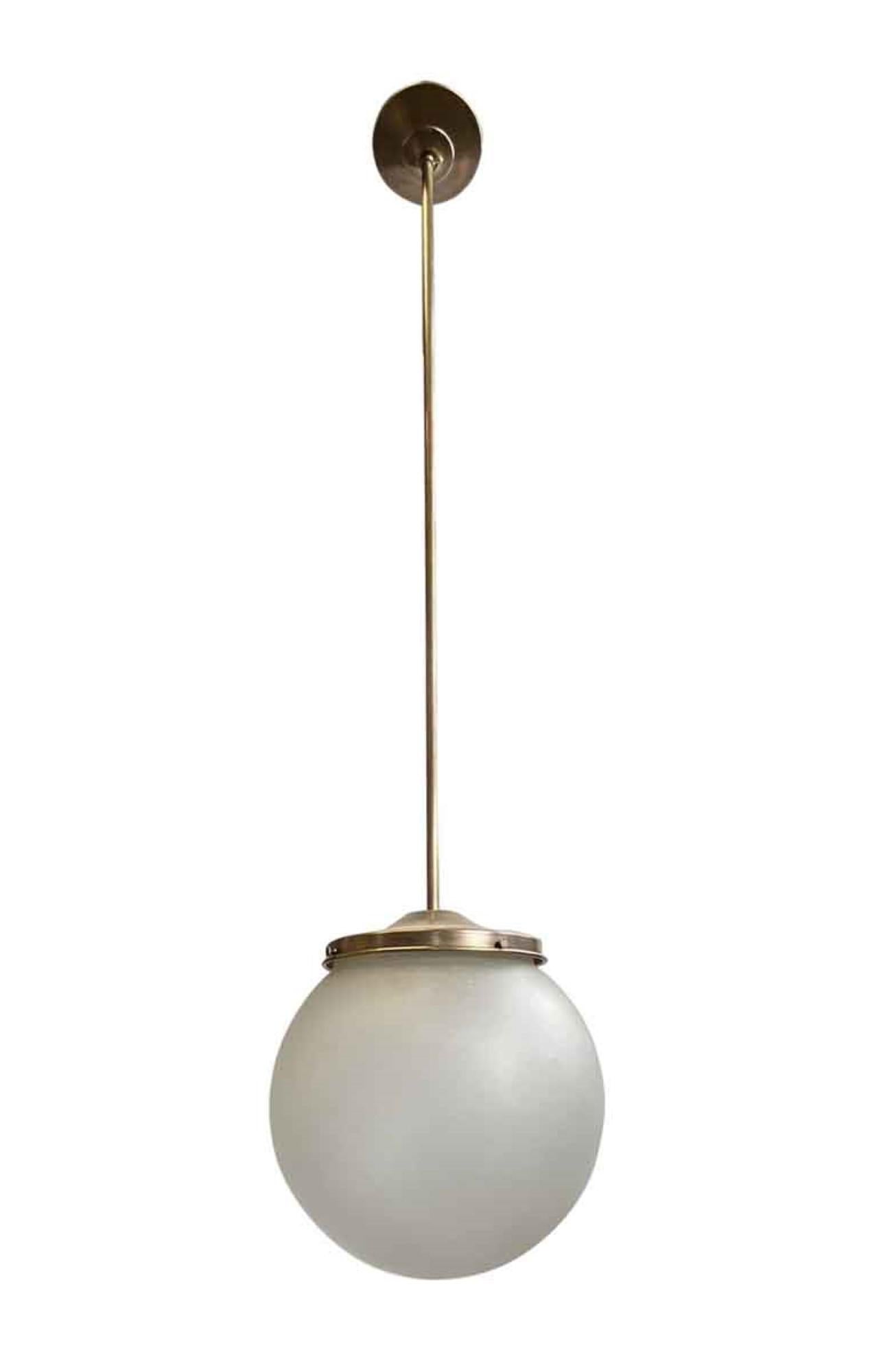 American 1940s Frosted Globe Pendant Light Antique Brass Finish Quantity Available