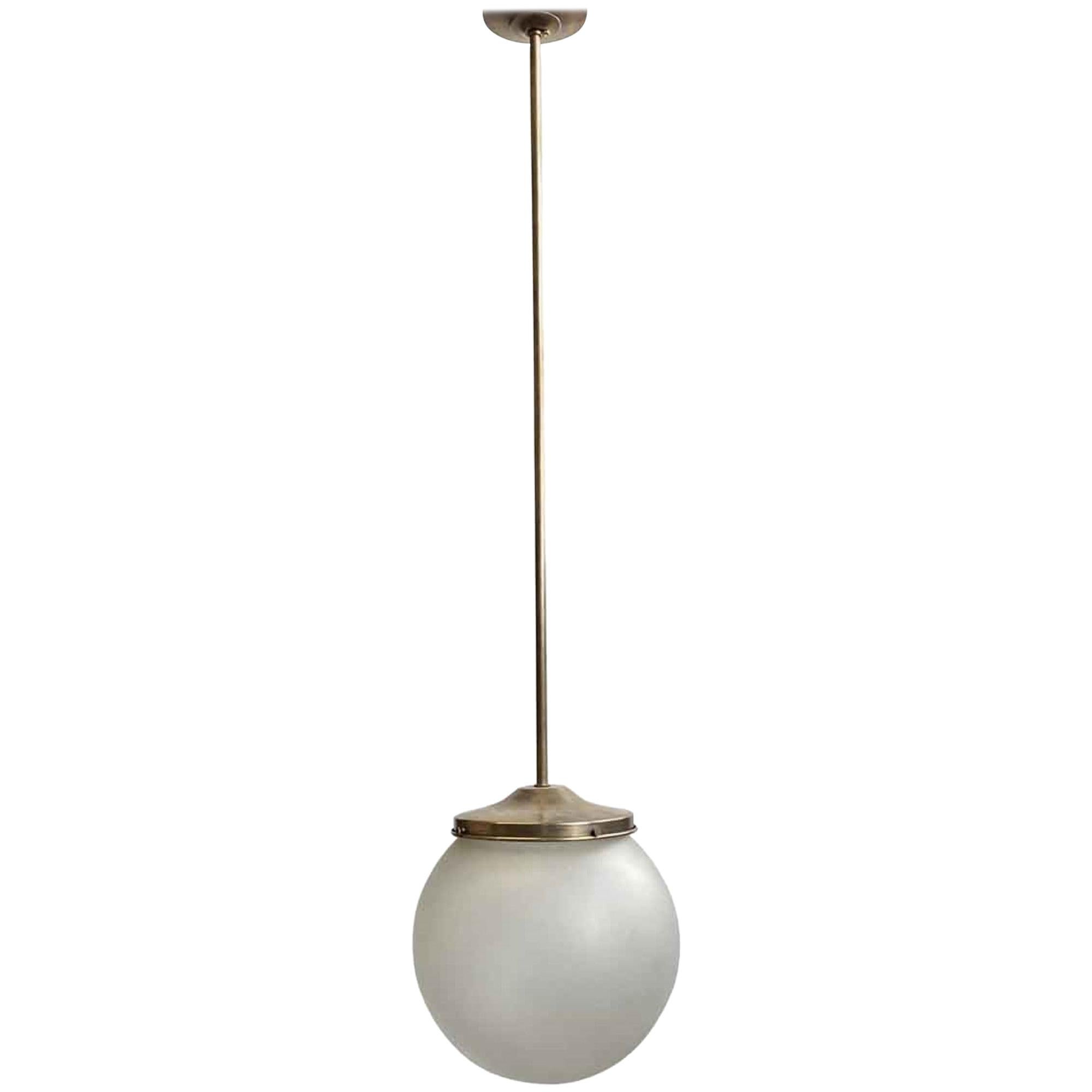 1940s Frosted Globe Pendant Light Antique Brass Finish Quantity Available