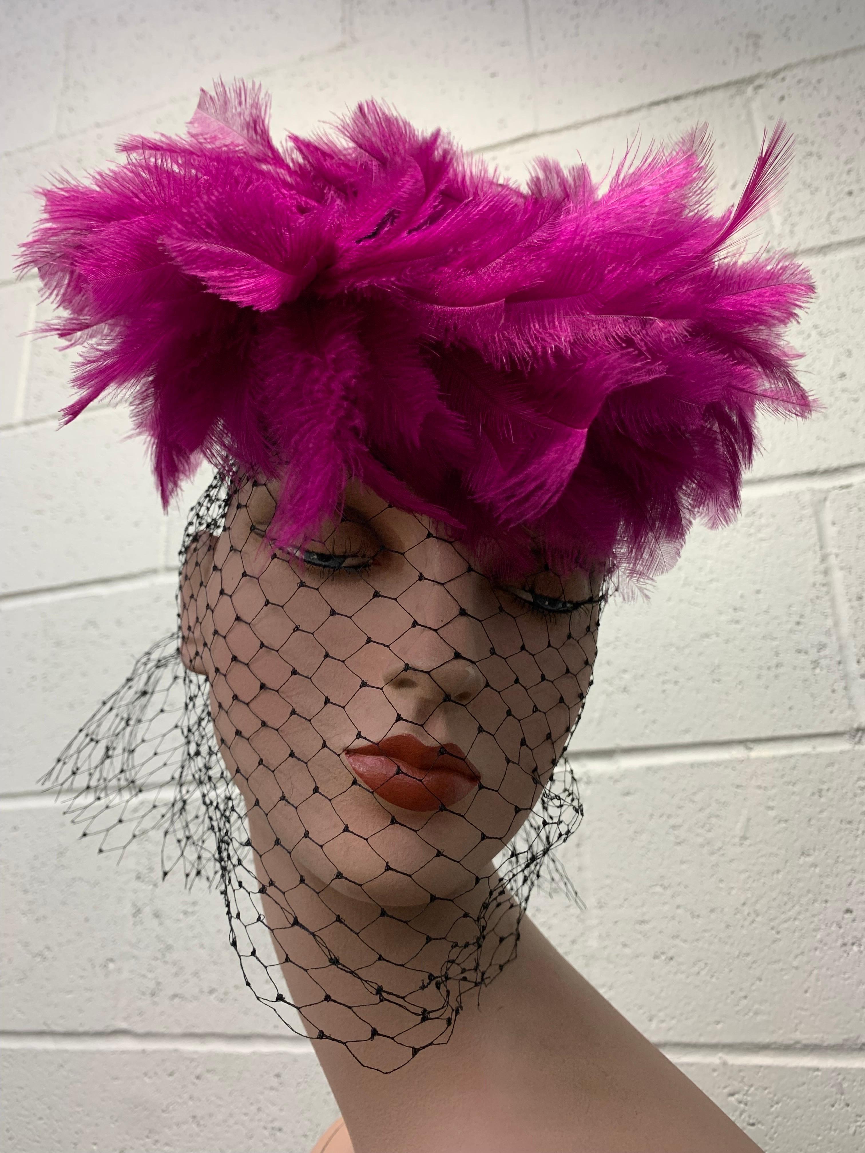 1940s Fuchsia Baby Ostrich Feather Ring-Back Tilt Hat w Added Veil Included: Veil is separate and can be tied on or affixed to hat if so desired. Stunning and an unusual texture to the feather detail. One size fits all. A fantastic fascinator! 
