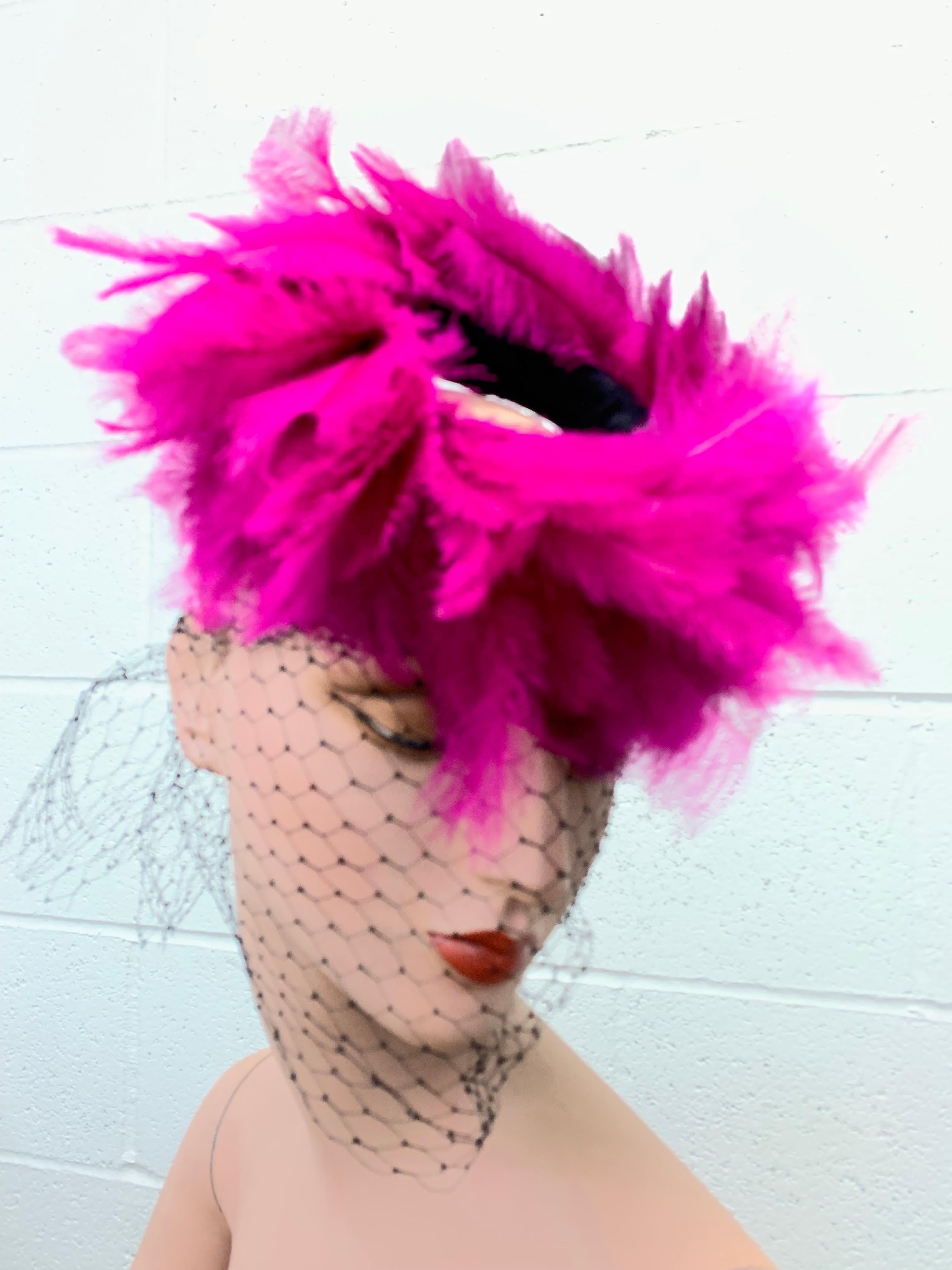 Brown 1940s Fuchsia Baby Ostrich Feather Back Ring Tilt Hat w Added Veil Included For Sale