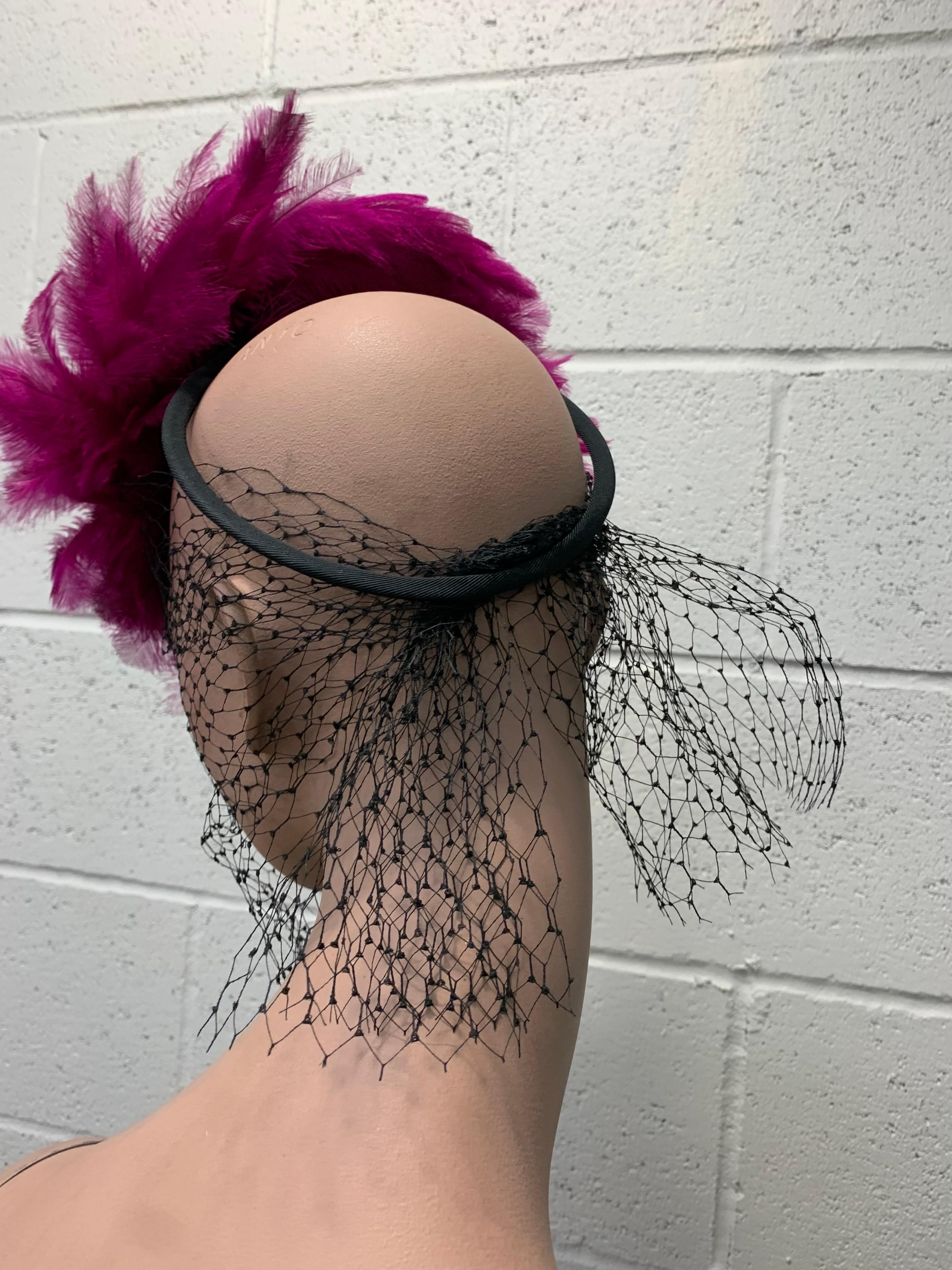 1940s Fuchsia Baby Ostrich Feather Back Ring Tilt Hat w Added Veil Included For Sale 1