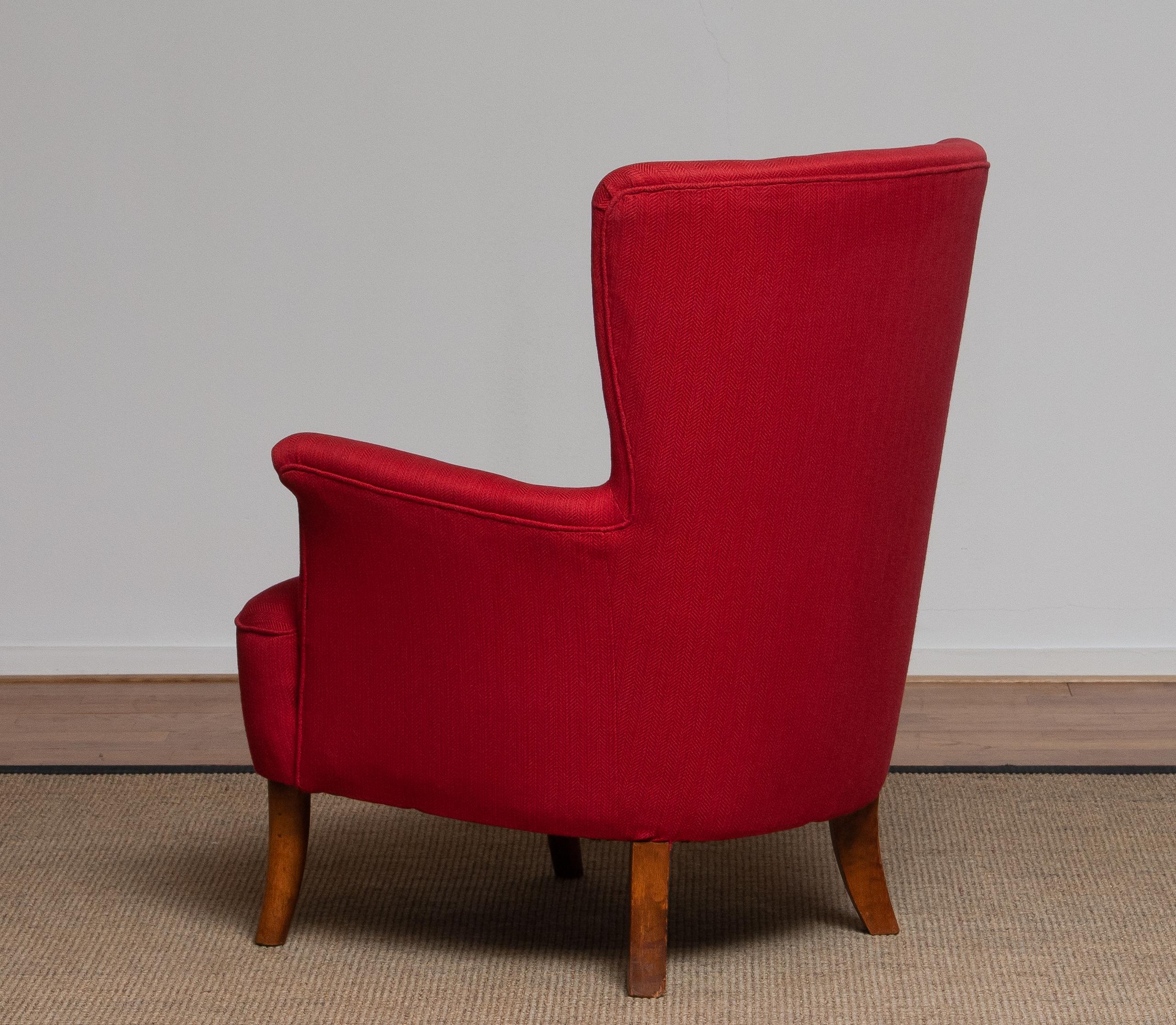 Wool 1940s, Fuchsia Easy / Lounge Chair by Carl Malmsten for Oh Sjogren, Sweden