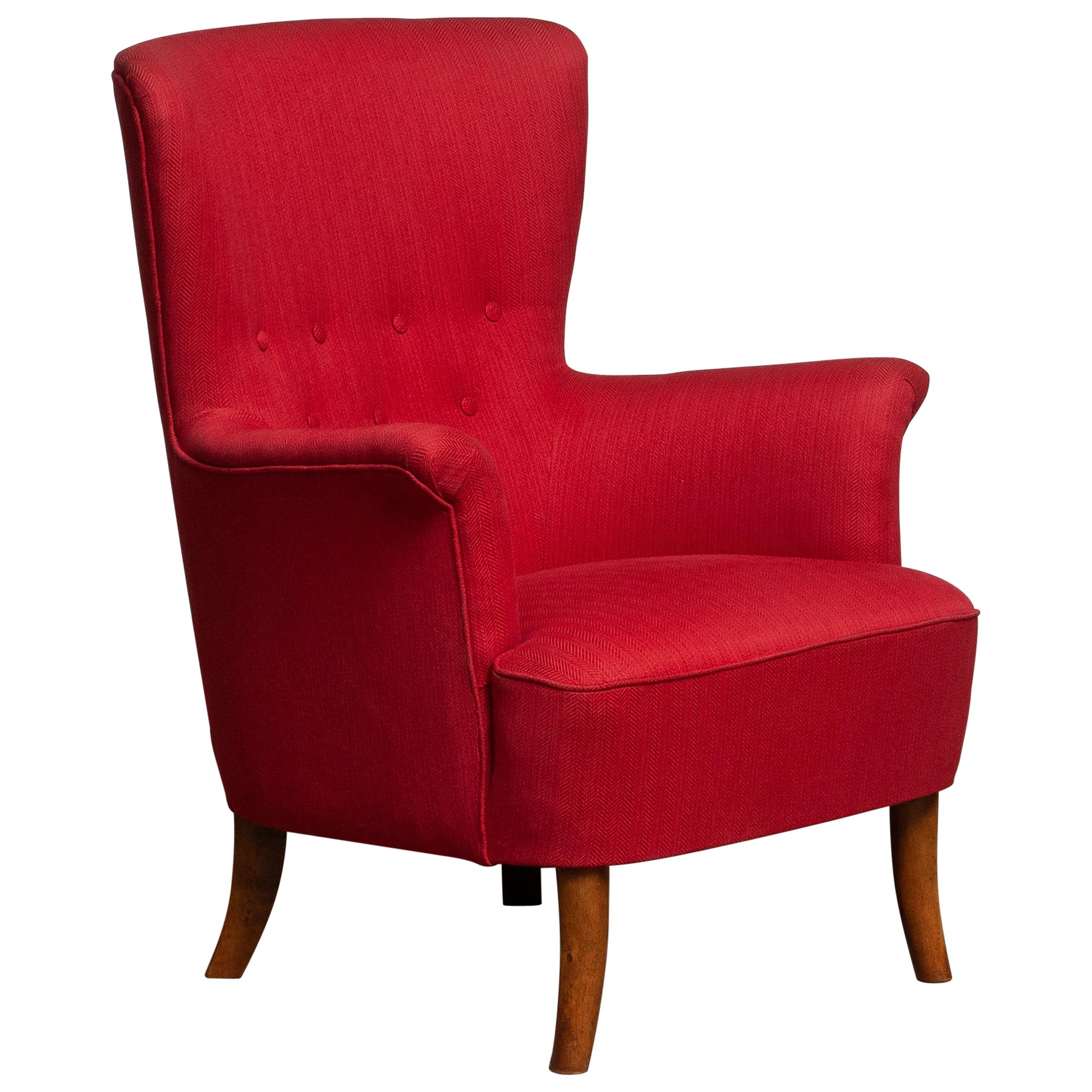 Mid-Century Modern 1940s, Fuchsia Easy or Lounge Chair by Carl Malmsten for Oh Sjogren, Sweden
