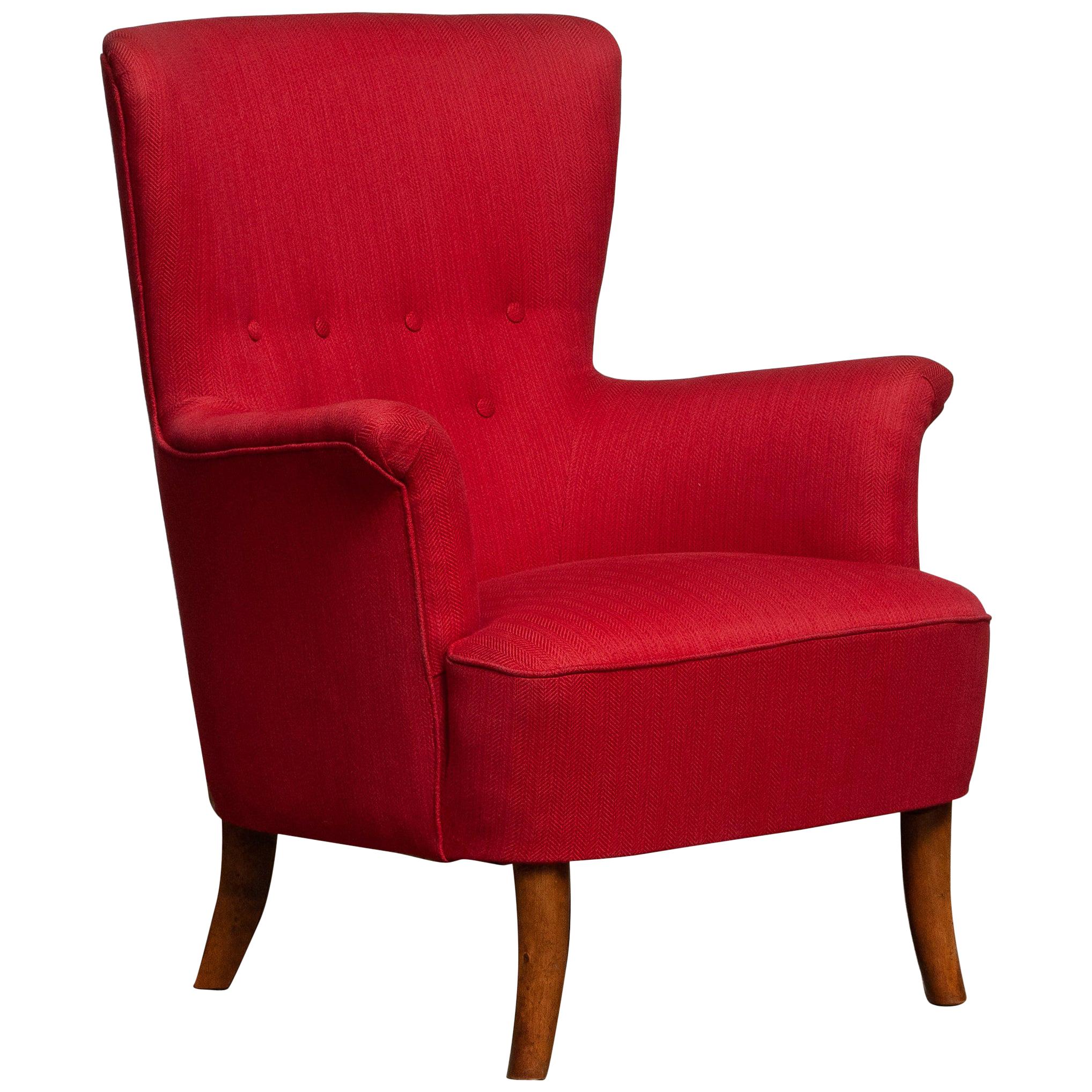 Mid-Century Modern 1940s, Fuchsia Easy or Lounge Chair by Carl Malmsten for Oh Sjogren, Sweden