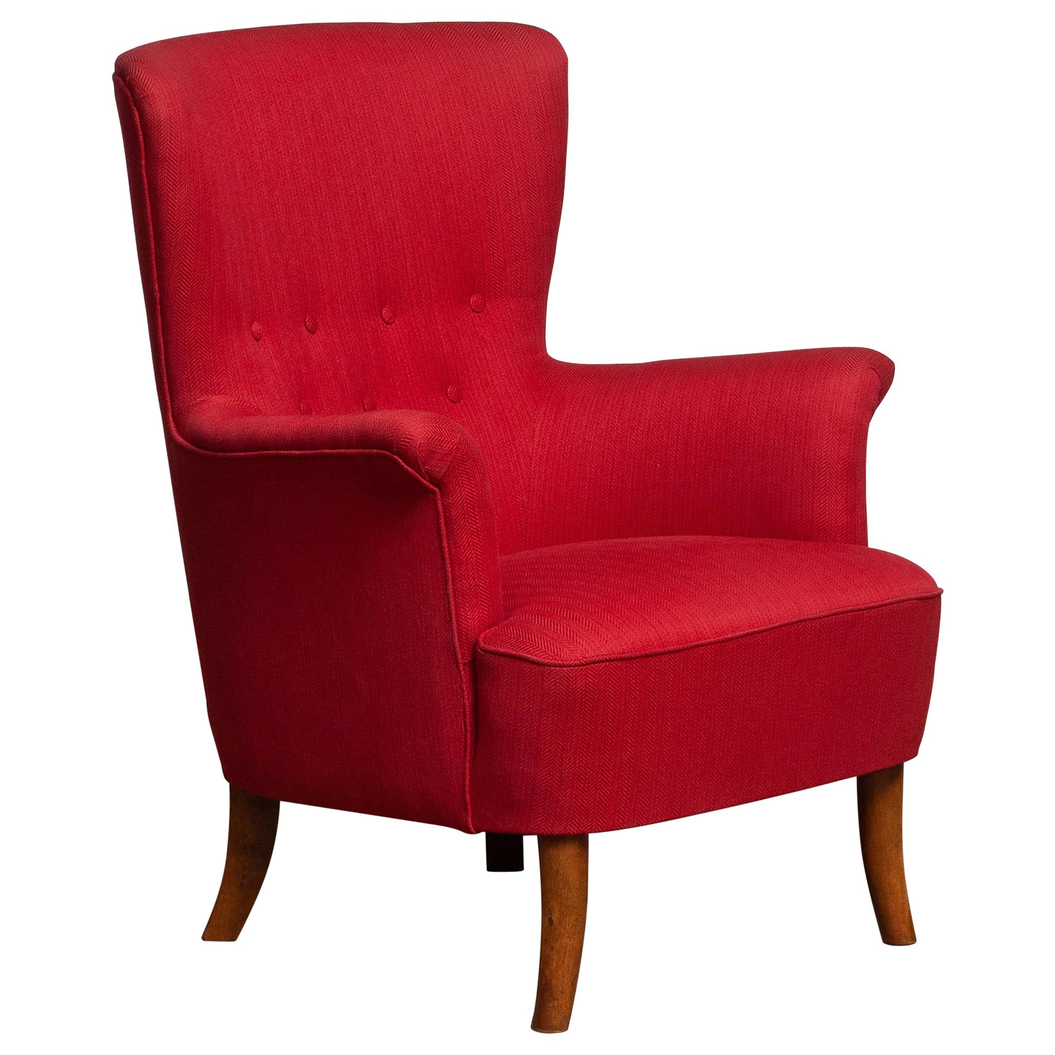 1940s, Fuchsia Easy or Lounge Chair by Carl Malmsten for Oh Sjogren, Sweden