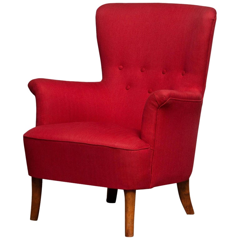 1940s, Fuchsia Red Club Lounge Chair by Carl Malmsten for OH Sjogren,  Sweden For Sale at 1stDibs