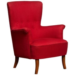 1940s, Fuchsia Red Club Lounge Chair by Carl Malmsten for OH Sjogren, Sweden 1
